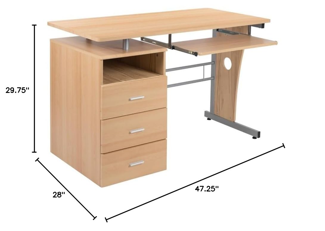 BOWERY HILL 3-Drawer Wood and Steel Computer Desk with Maple Finish - Perfect for Home Office, Study Room & Small Workspaces