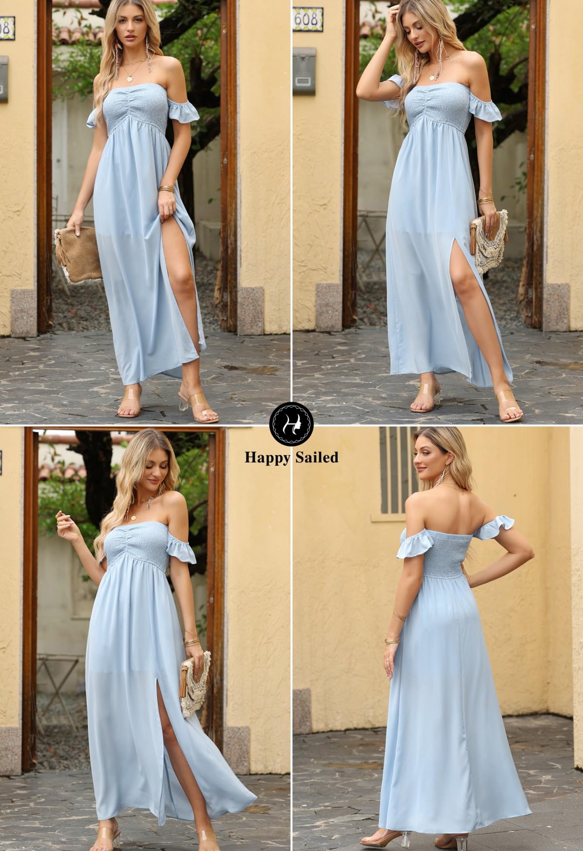 Happy Sailed Women's 2025 Summer Smocked Off The Shoulder Maxi Dress - Ruffle Short Sleeve A-Line Side Slit Sundress for Beach Vacation, Wedding Guest & Party | Flowy Boho Chic Dress