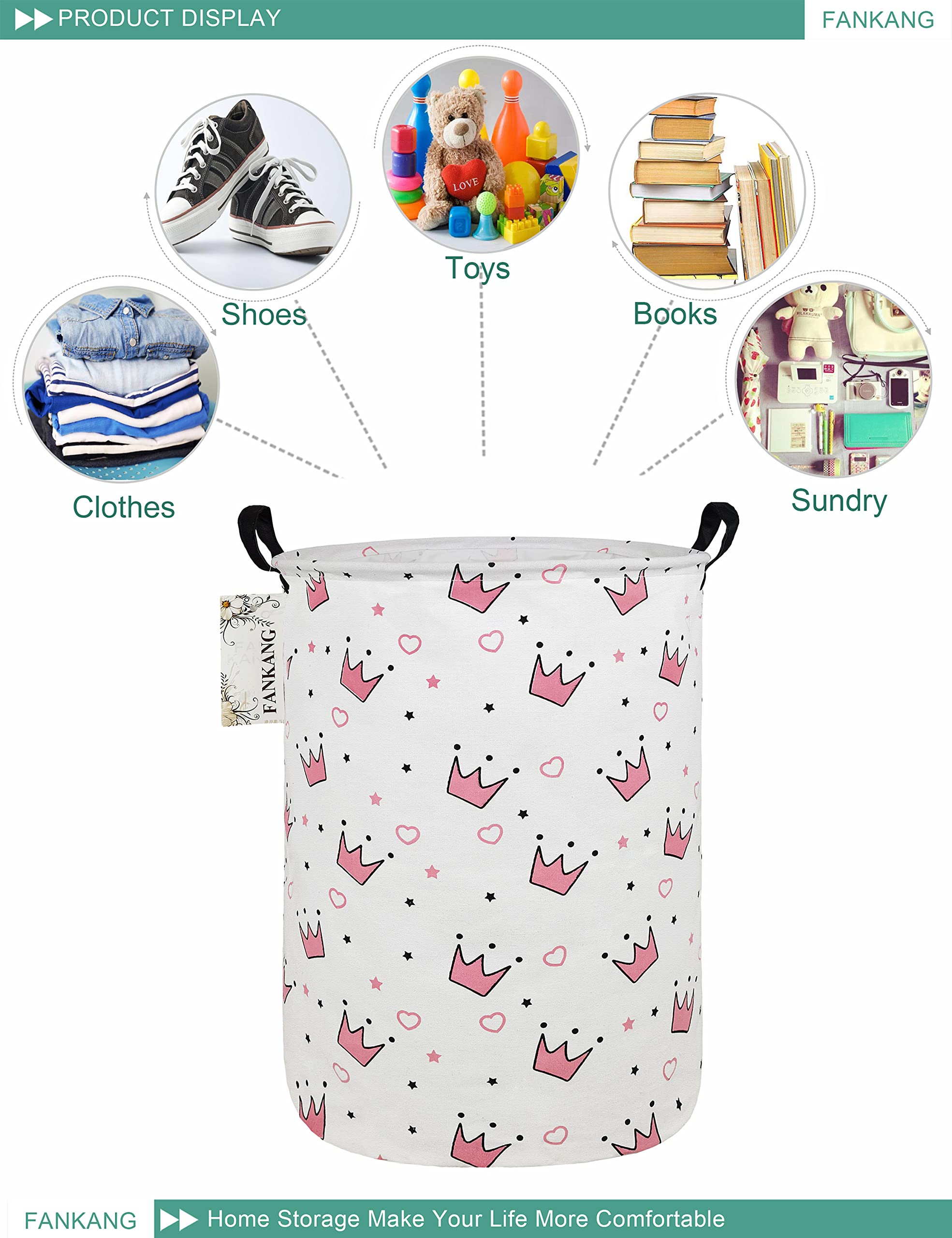 FANKANG Foldable Waterproof Storage Basket with PE Coating - Large Canvas Laundry Hamper for Kids, Boys & Girls | Perfect for Nursery, Bedroom, Office, Clothes & Toys Organization (Pink Crowns Design) - Ideal for Home Storage, Baby Room Decor & Space-Saving Solutions