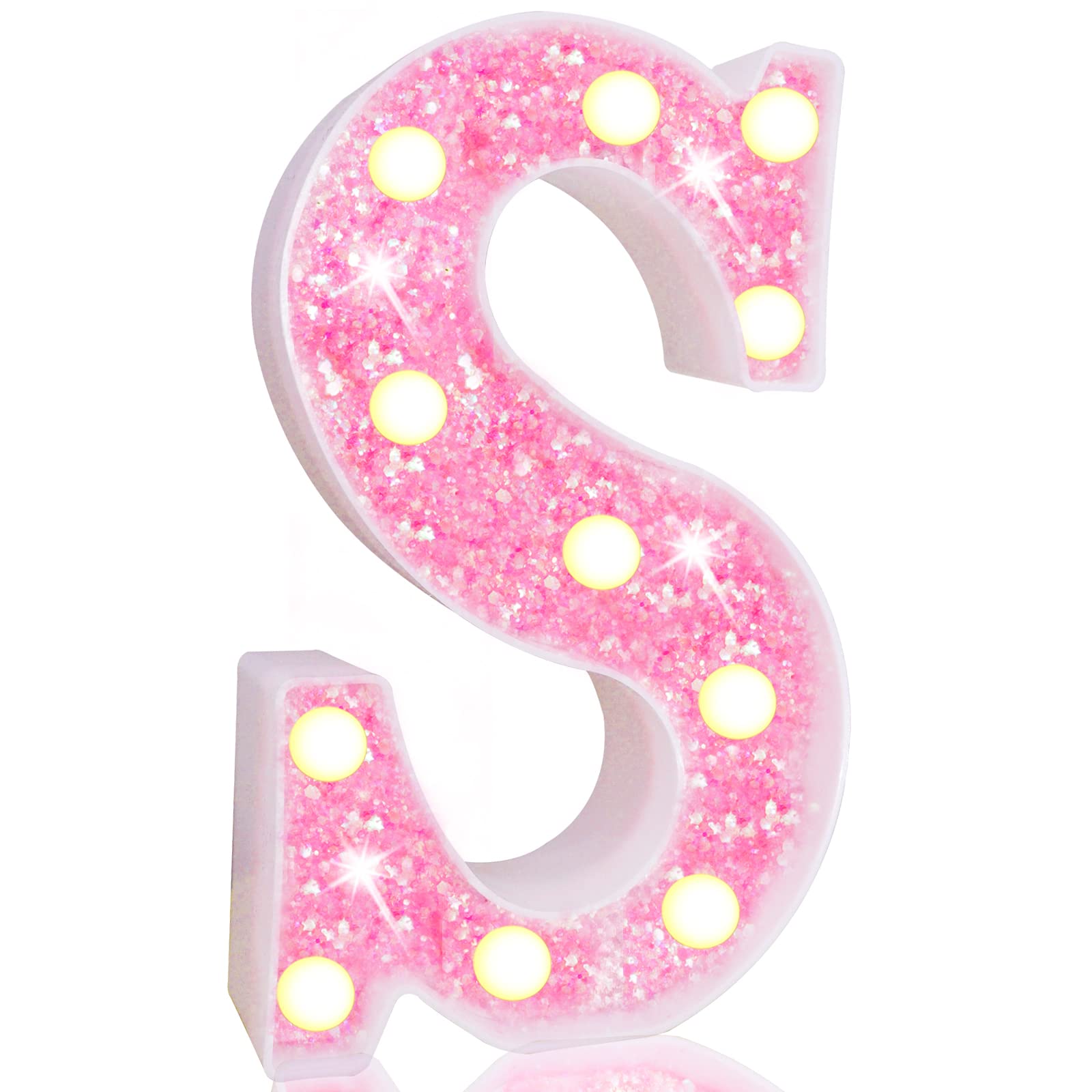 Pooqla LED Marquee Letter Lights - Pink Glitter Alphabet Sign with Battery Power for Night Light, Birthday Party, Wedding, Home Bar & Christmas Decor - Perfect for Girls Gifts & Room Decoration (Letter S)
