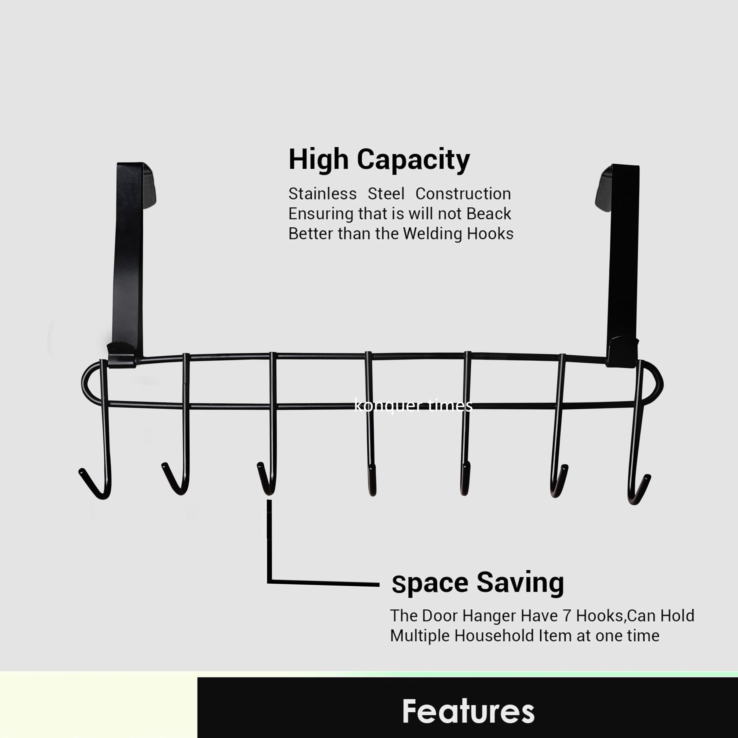 Konquer TimeS Heavy Duty Stainless Steel Over The Door Hook Hanger Organizer - Wall Mounted Hook Rack for Closet, Bathroom & Kitchen Organization - No Drilling Required (Black)