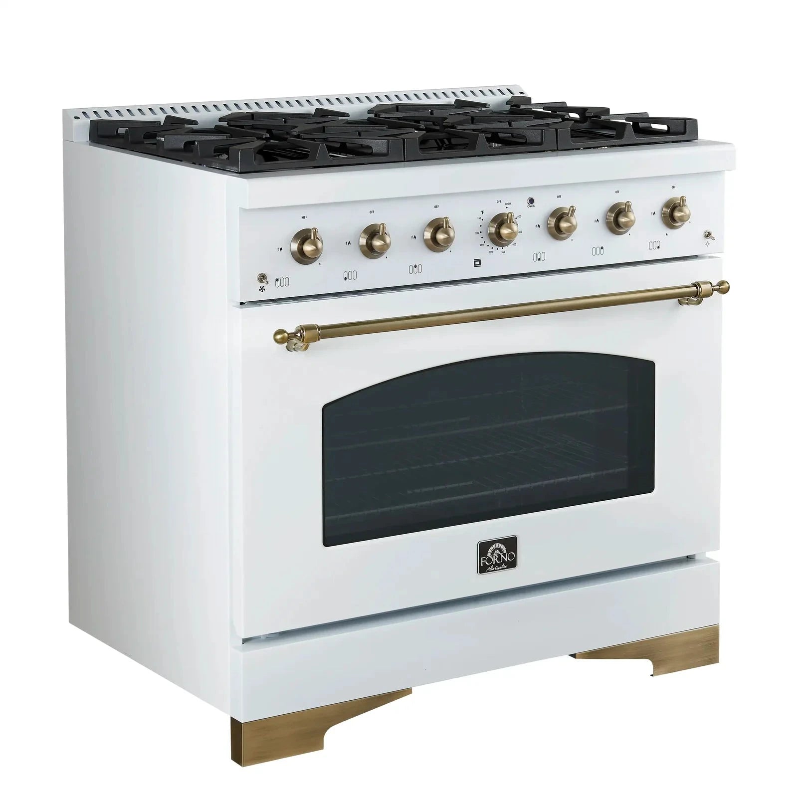 Forno Antico 36 Inch Gas Range with 6 Burner Cooktop & Convection Oven - White Finish with Antique Brass Trim (Model FFSGS6219 36WHT) - Perfect for Home Kitchens, Restaurants, and Professional Cooking Spaces