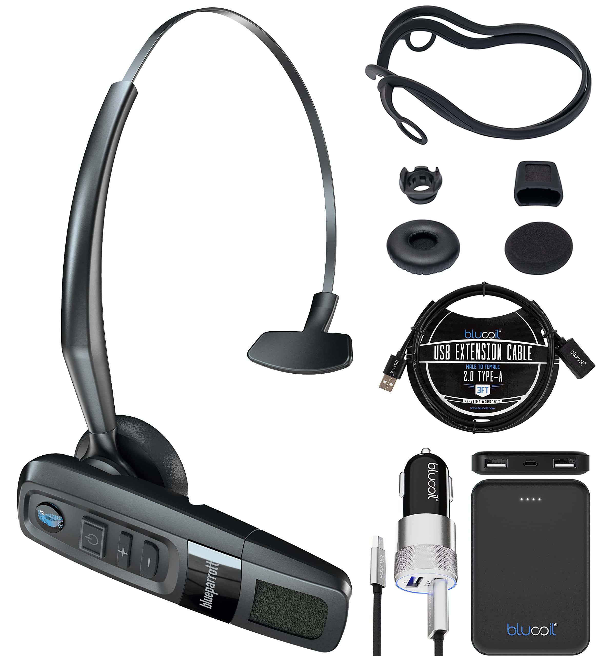 BlueParrott C300-XT Noise Canceling Bluetooth Headset - Wireless Hands-Free Headset for Android & iPhone with 5000mAh Portable Charger, USB Cable & Car Charger - Perfect for Truck Drivers, Call Centers & Remote Work