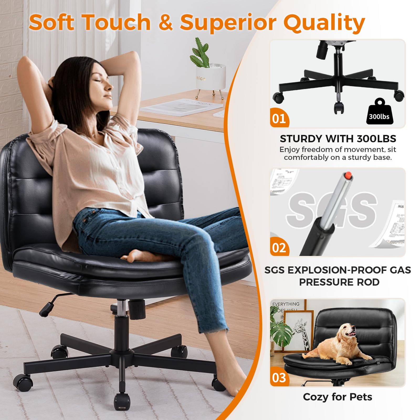Criss Cross Legged Office Chair with Wheels - Armless Swivel Desk Chair, Wide Seat & Height Adjustable for Home Office, Computer Task, Vanity - Perfect for Cross-Legged Sitting, Work & Study
