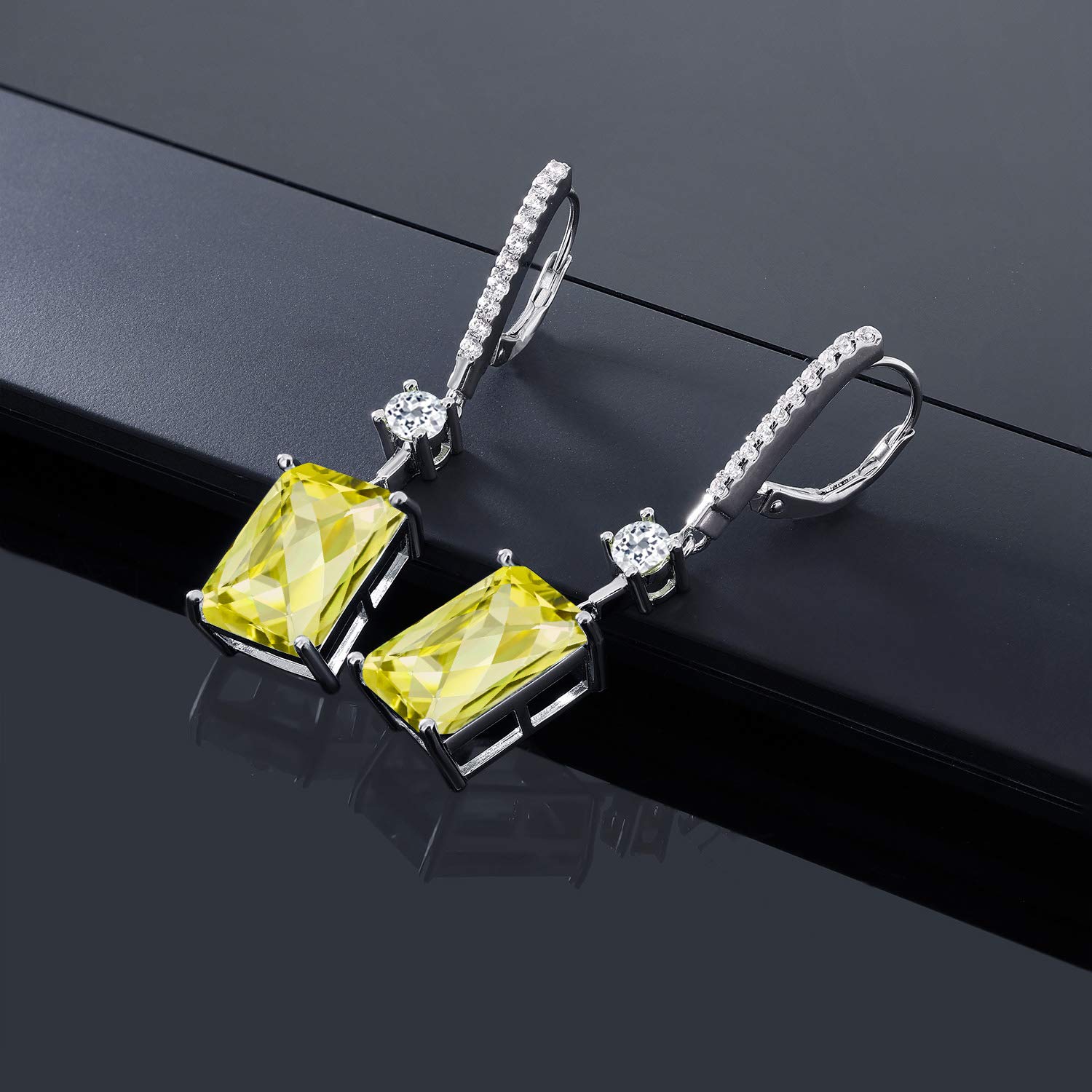 14.66 Ct Emerald Cut Lemon Quartz & White Topaz Dangle Earrings in 925 Sterling Silver | Gem Stone King | Elegant Jewelry for Women, Party & Wedding Accessories
