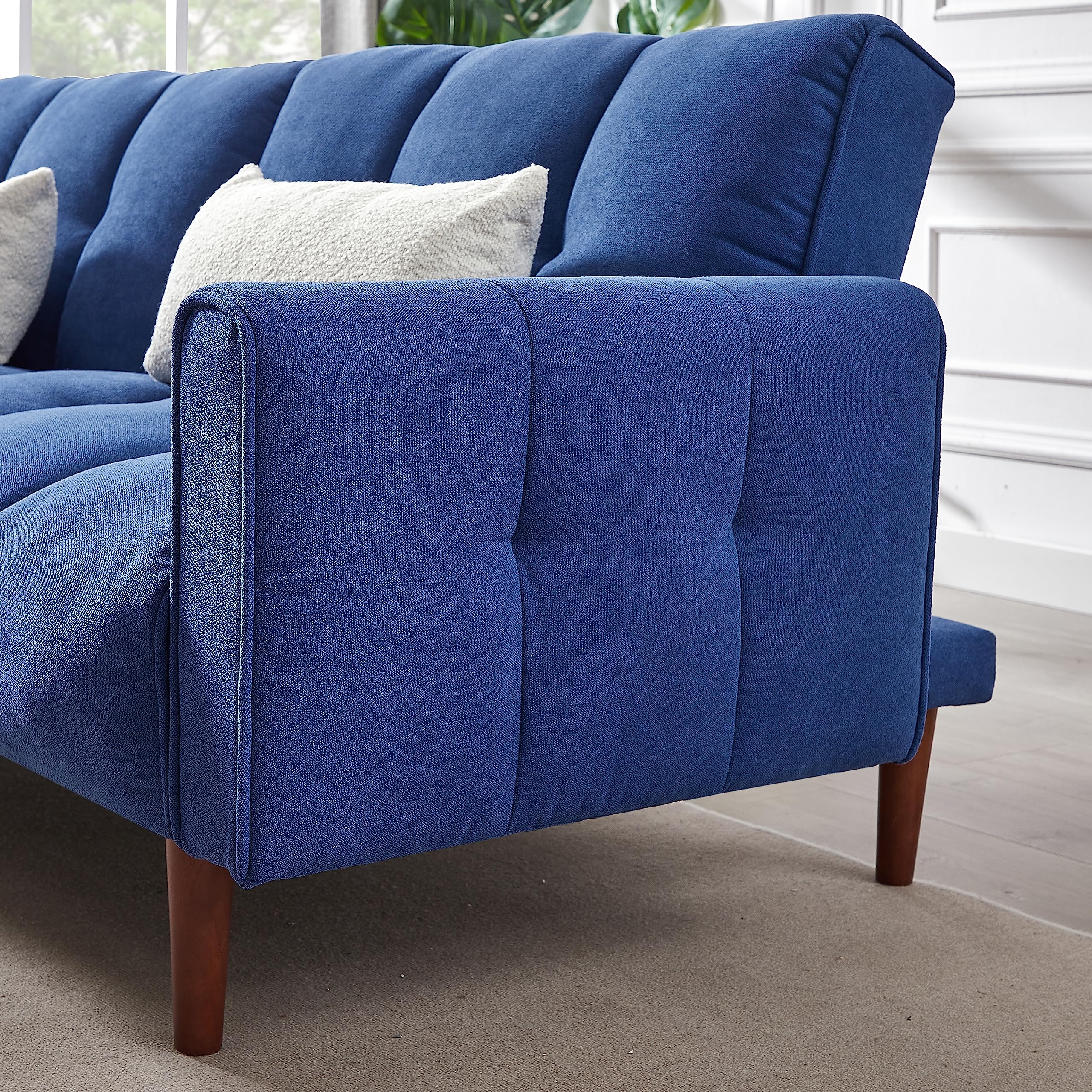 Convertible Futon Sofa Bed - Adjustable Couch Sleeper with Wooden Legs & 2 Pillows | Modern Fabric Linen Upholstered Sleeper Sofa for Small Spaces | Perfect for Apartments, Living Rooms, Studios & Guest Rooms (Blue)