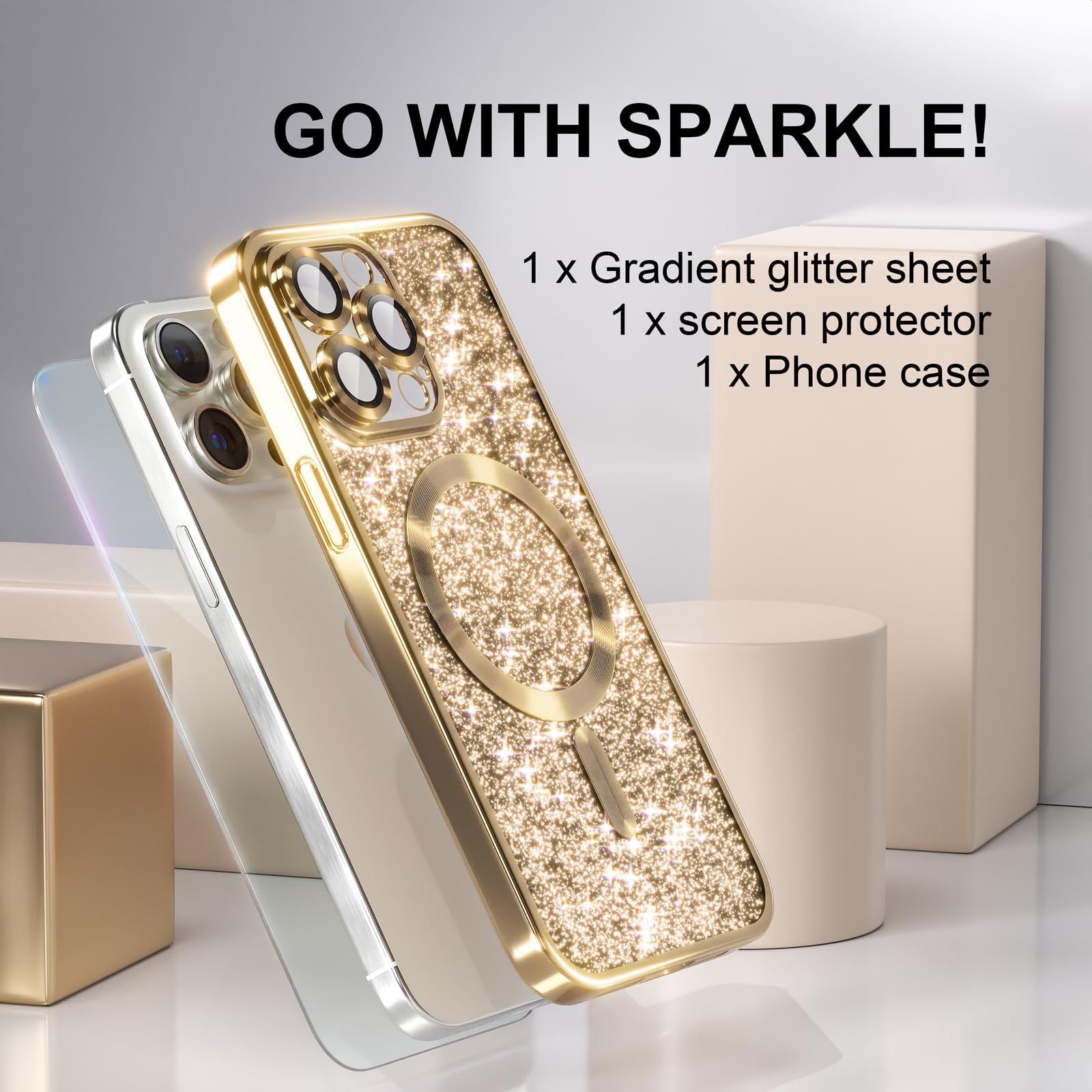 Misea Magnetic iPhone 15 Pro Max Case with MagSafe Compatibility | Military-Grade Drop Protection & Full Camera Lens Cover | Glitter Soft Phone Case for Women & Girls (Gold) | Perfect for Everyday Use, Travel & Outdoor Activities