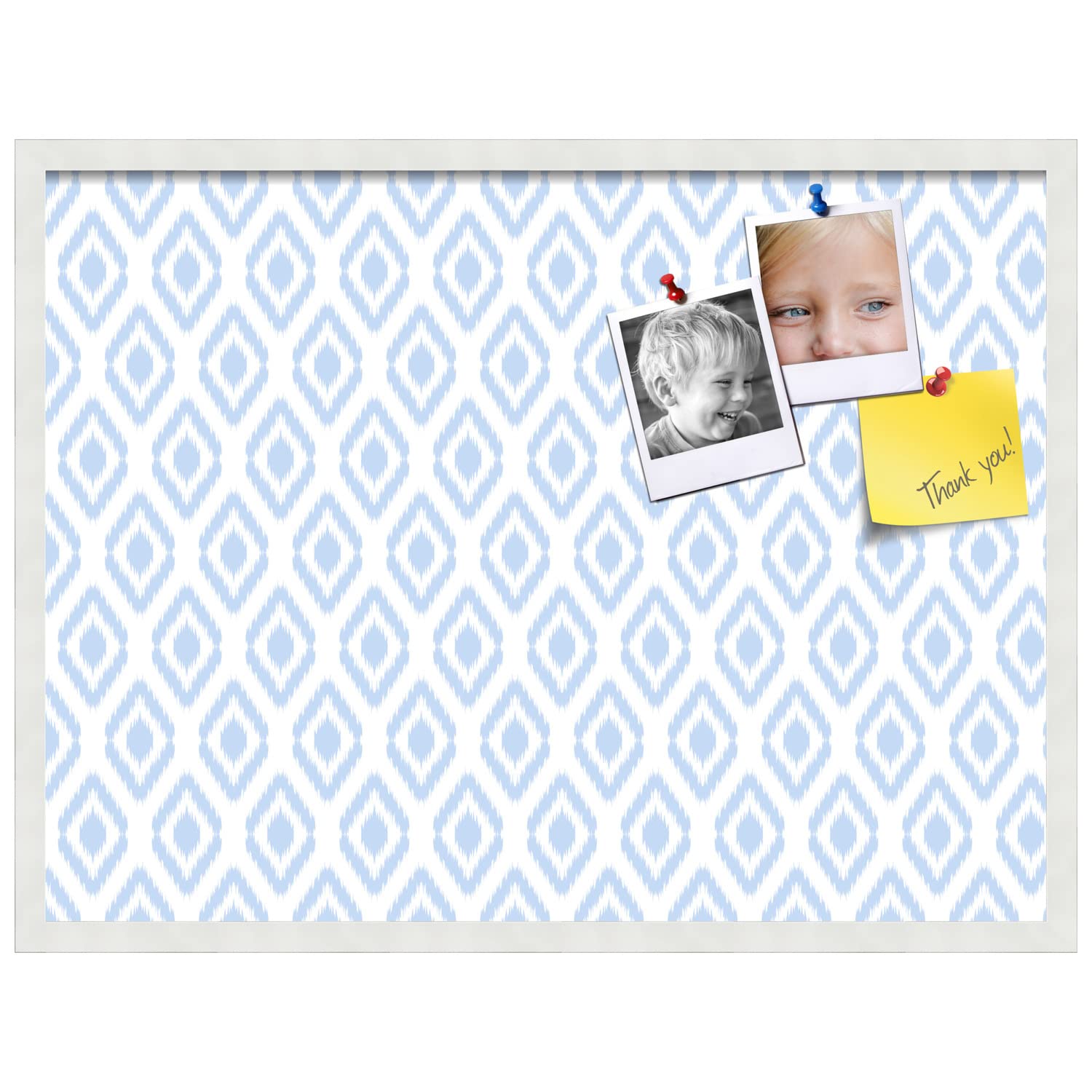 PinPix 32x24 Inch Cork Bulletin Board with Ikat Light Blue Design & Satin White Frame - Decorative Framed Pin Board for Home Office School Decor - Perfect for Wall Organization, Memo Display & Photo Collage