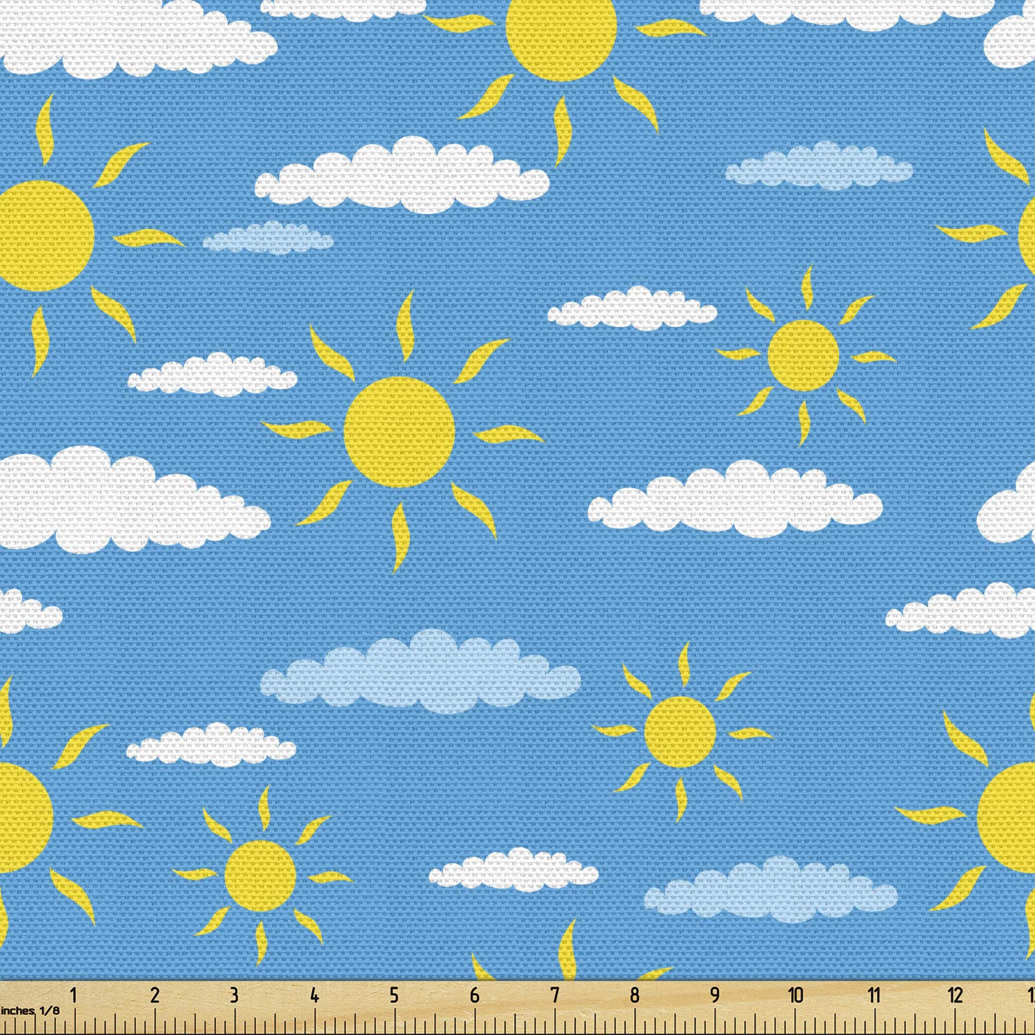 Ambesonne Sky Fabric - Yellow Sun & Clouds for Upholstery & Home Decor | Blue & White Decorative Fabric for Living Room & Bedroom