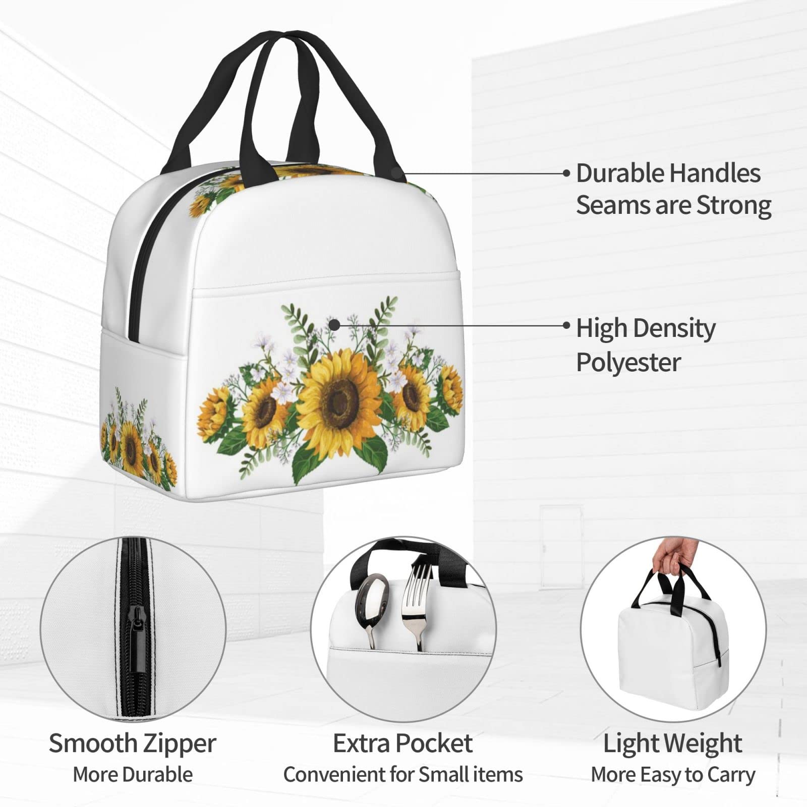 **Insulated Sunflower White Lunch Box for Kids - Reusable Lunch Bag for Boys & Girls, Perfect for School, Camping, Hiking, Picnic, Beach & Travel - Ideal for Meals On-the-Go**