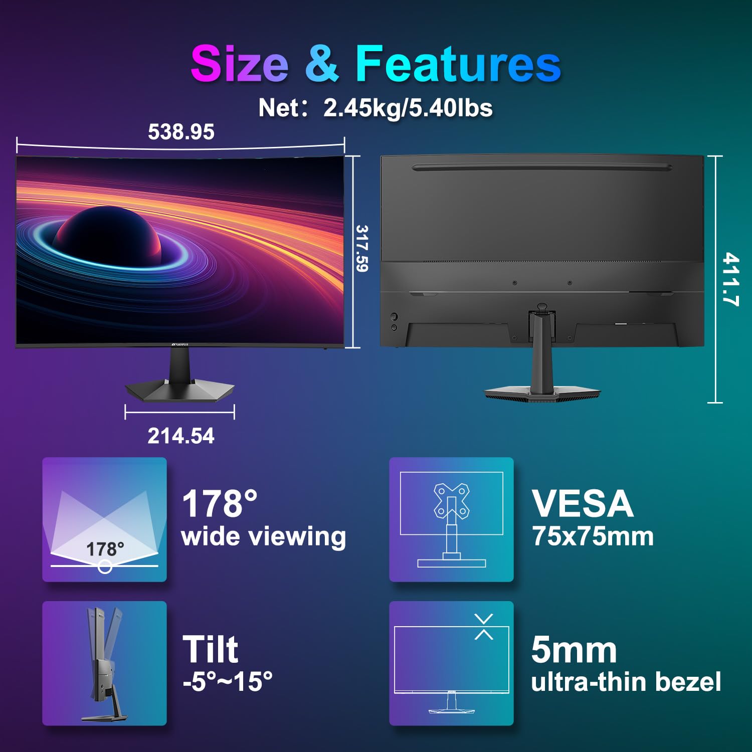 SANSUI 24 Inch Curved Gaming Monitor 100Hz USB-C with Built-in Speakers, 1ms MPRT, Adaptive Sync, HDR, 1500R Curvature, VESA 75x75mm - Perfect for Home Office, Gaming & Entertainment (Includes HDMI Cable ES-24C1)