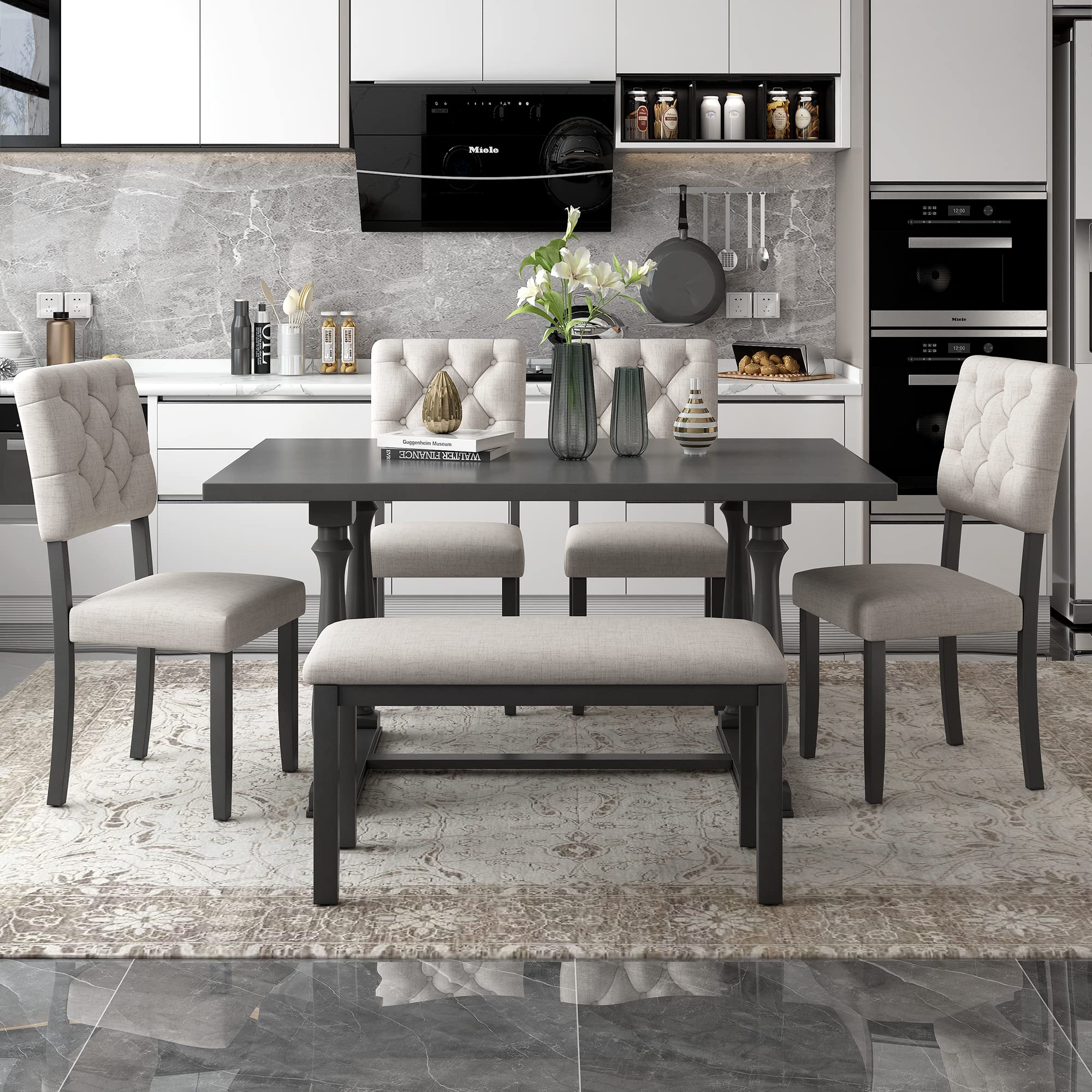 6-Piece Modern Dining Table Set with Unique Shaped Legs, Foam-Cushioned Chairs & Backrests for Comfortable Family Meals in Dining Room (Gary)