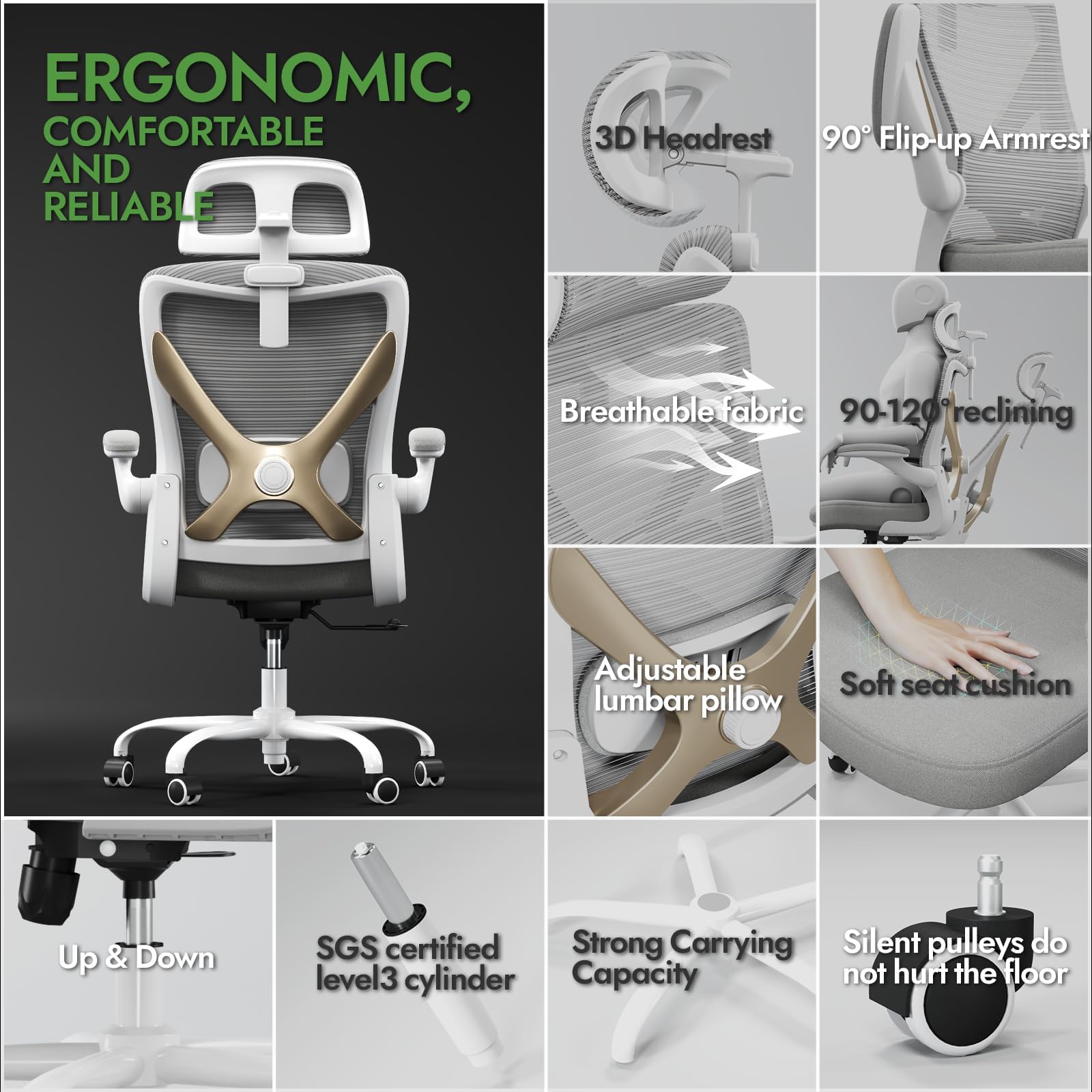 Ergonomic Office Chair with Lumbar Support & Headrest - Adjustable X-Shaped Computer Desk Chair for Home Office, Gaming, and Long Work Hours - Breathable Mesh Back, Comfortable Seat Cushion (Grey Gold) - Perfect for Remote Work, Online Classes, and Extended Computer Use