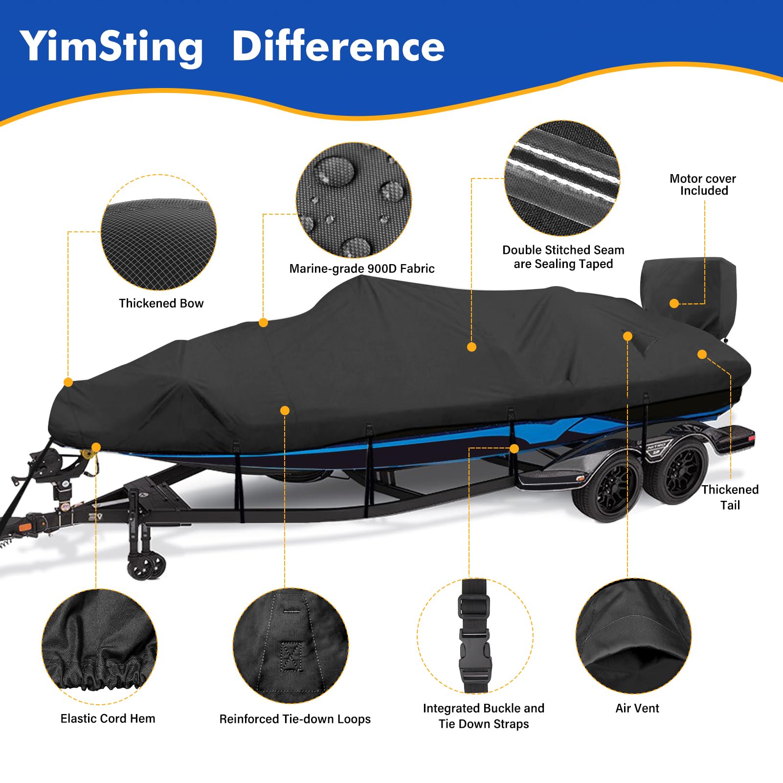 YimSting 17-19ft Waterproof Boat Cover - Heavy Duty 900D Canvas for Bass & V-Hull Boats