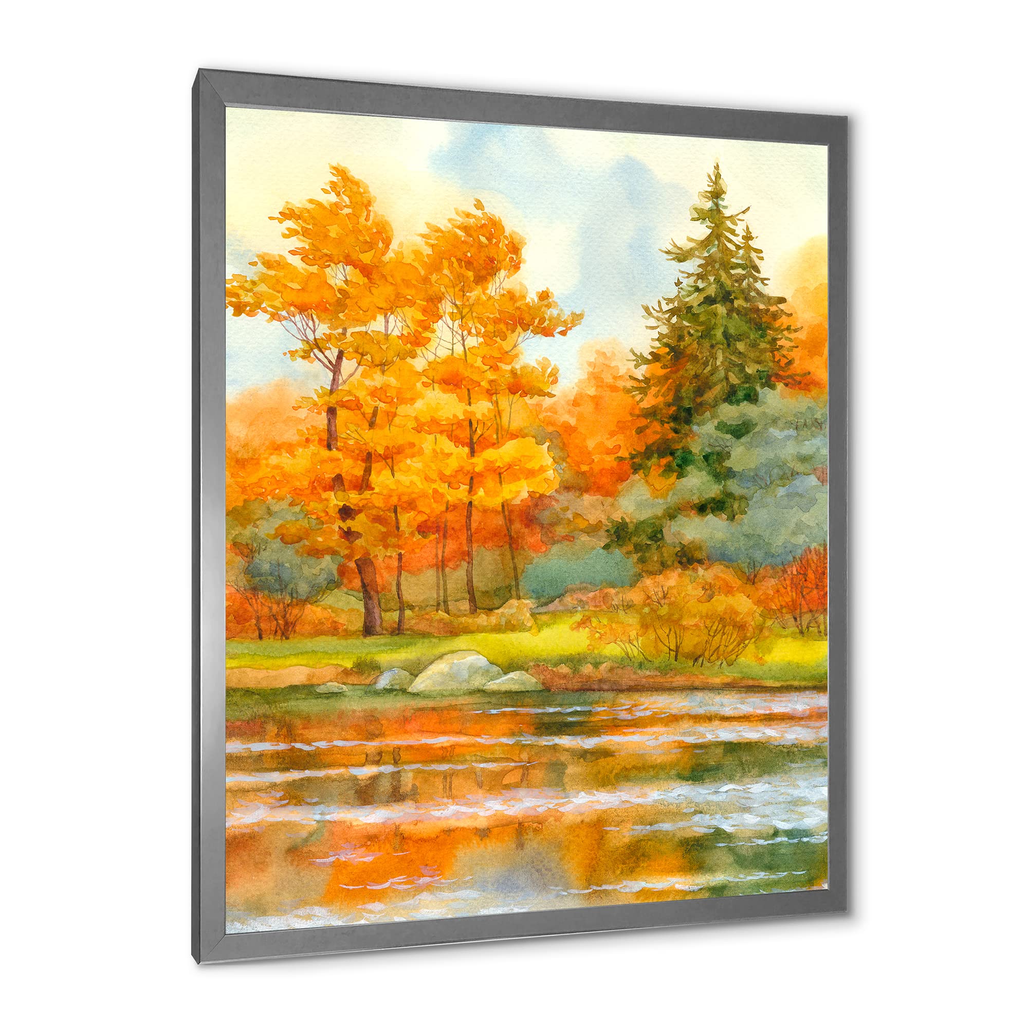 DesignQ Autumn Forest Lakeside Landscape Framed Wall Art - Perfect for Living Room, Bedroom & Office Decor