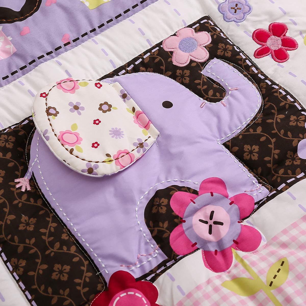 Brandream 3-Piece Purple Cotton Crib Bedding Set for Baby Girls - Floral Patchwork with Elephant & Owl Design, Ruffled Trim, Breathable & Healthy Nursery Bedding | Perfect for Princess-Themed Rooms, Baby Showers & Newborn Gifts