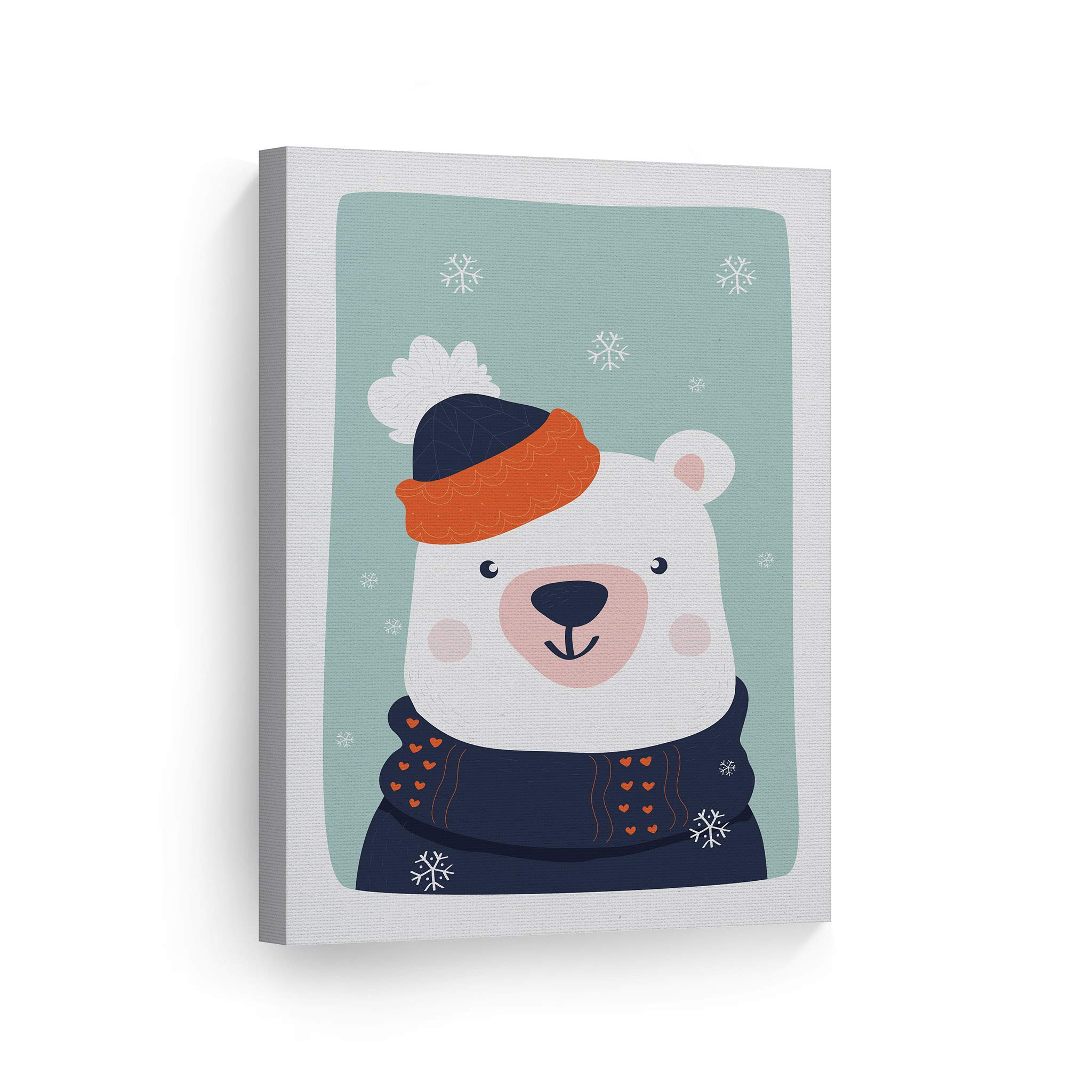 Cute Polar Bear Winter Theme Canvas Print - Turquoise Background Wall Art for Kids Room, Nursery & Baby Room Decor - Ready to Hang 12x8 Inches - Made in USA | Perfect for Winter-Themed Bedrooms, Playrooms & Gift Ideas