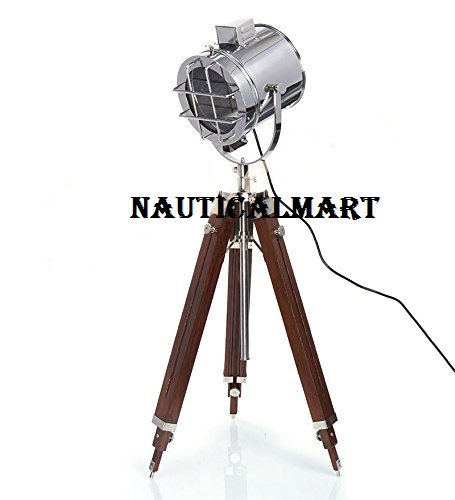 Vintage Theater Spotlight Searchlight with Solid Wood Tripod Stand - Professional Stage Lighting for Theater, Events & Home Decor by NauticalMart
