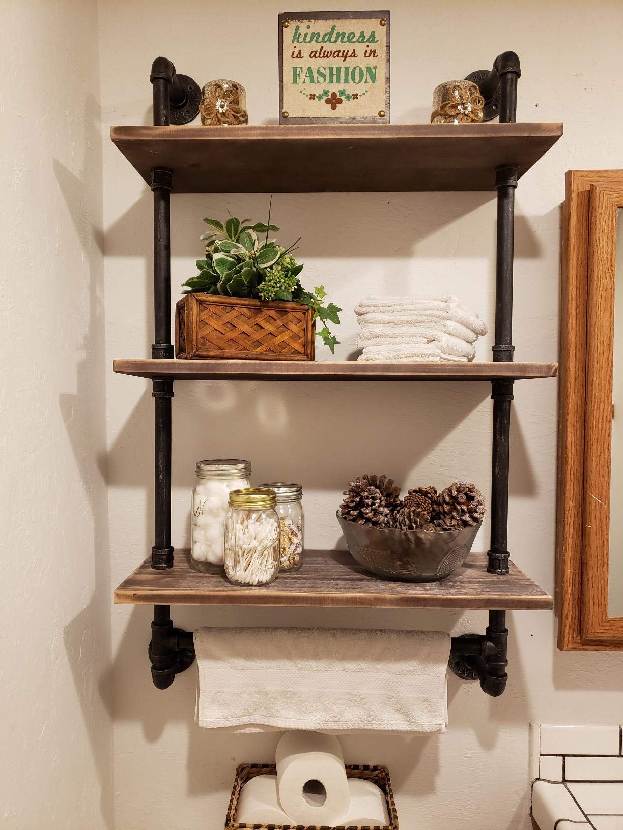 Industrial Pipe Shelf - Rustic Wall Shelf with Towel Bar, 24 Inch Bathroom Towel Rack, 3-Tier Wood Shelving Unit for Bathroom Storage | Perfect for Farmhouse Decor, Spa Organization & Small Space Solutions