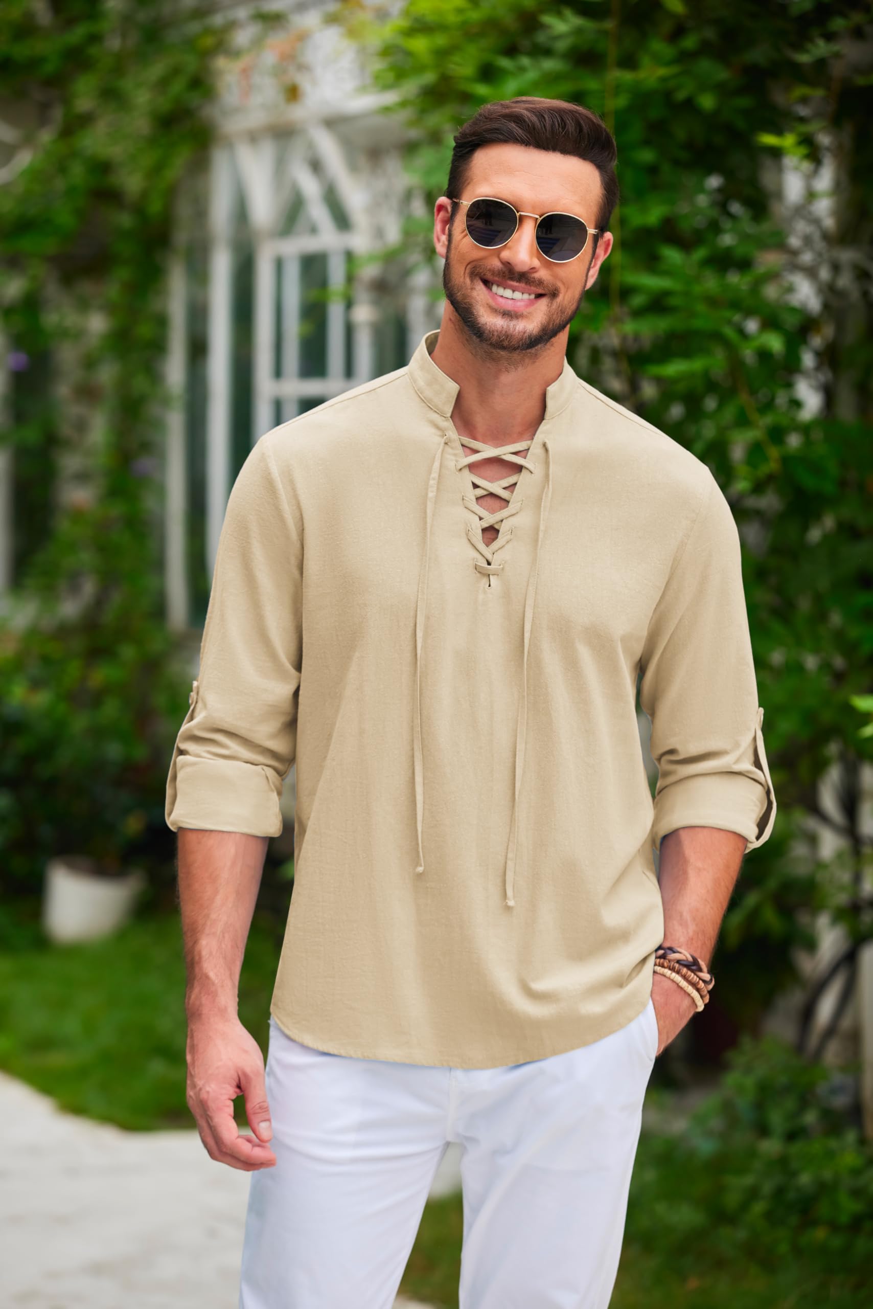 COOFANDY Men's Long Sleeve Lace-Up Medieval Style Casual Shirt - Summer Vintage Fashion Top for Renaissance Fairs, Cosplay & Everyday Wear