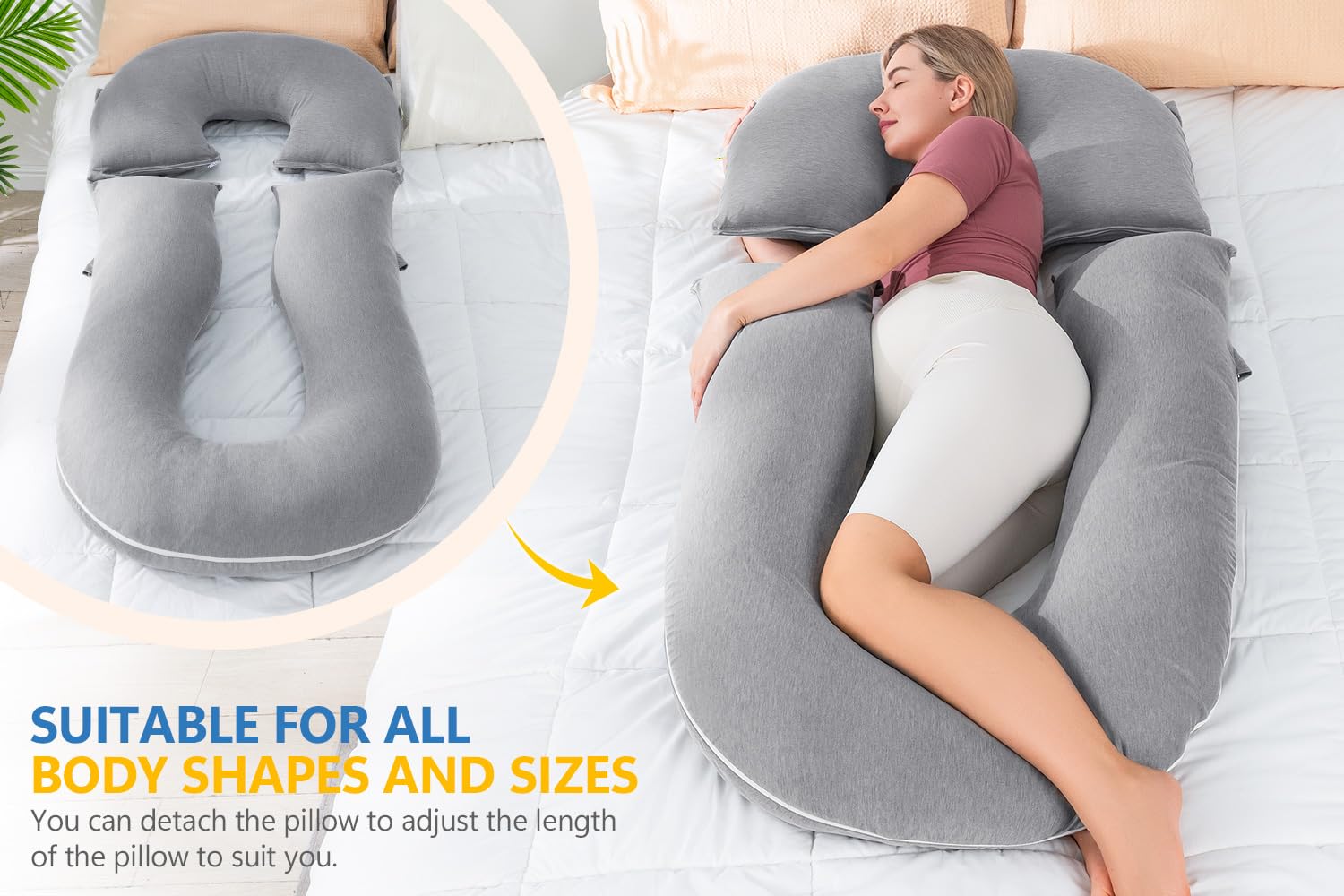INSEN Pregnancy Pillow for Sleeping - Detachable Body Pillow for Pregnant Women, Nursing & Relaxation - Cooling Tencel Cover (Grey) - Perfect for Side Sleeping, Back Pain Relief & Maternity Comfort