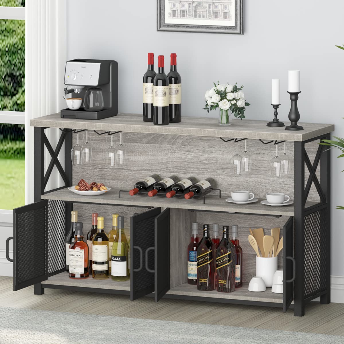 LVB Industrial Farmhouse Coffee Bar Cabinet with Wine Rack Storage - Modern Sideboard Buffet for Liquor, Glasses & Kitchen Essentials - Light Grey Oak 47 Inch for Dining Room, Living Room & Home Bar Decor