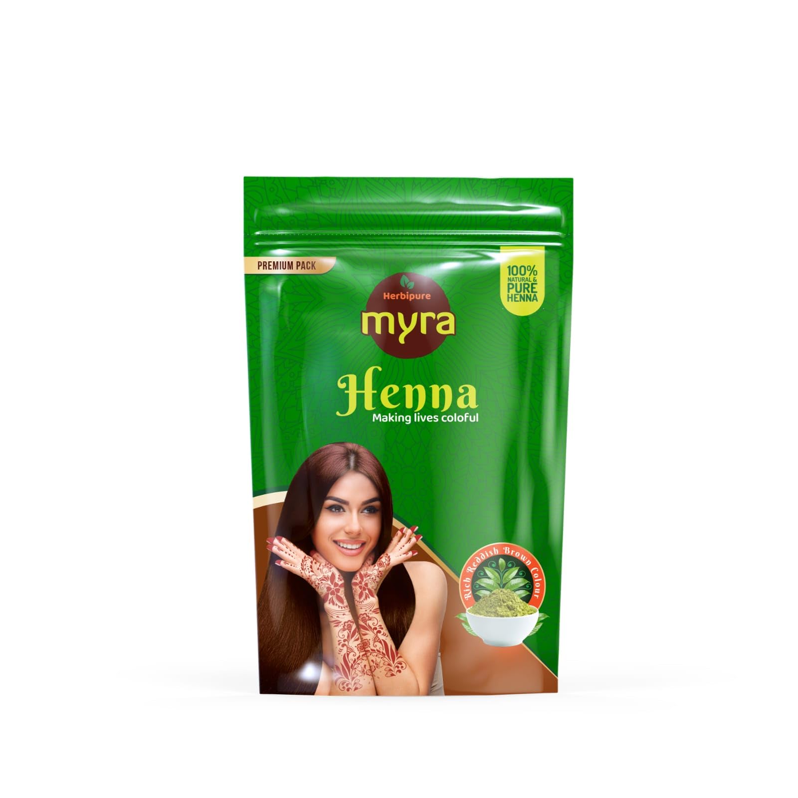 HERBIPURE MYRA 100% Pure Natural Henna Powder for Hair Dye & Body Art - Safe Chemical-Free Mehandi for Hair Coloring, Tattoos & Skin Decoration (500g) | Perfect for DIY Hair Color, Bridal Mehndi Designs & Temporary Tattoos