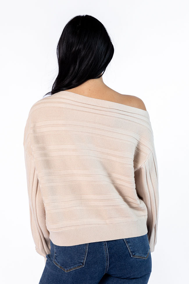 Feels Right Beige Off The Shoulder Ribbed Sweater for Women - Soft Knit Pullover Top for Fall & Winter - Perfect for Date Night, Office Wear and Casual Outings