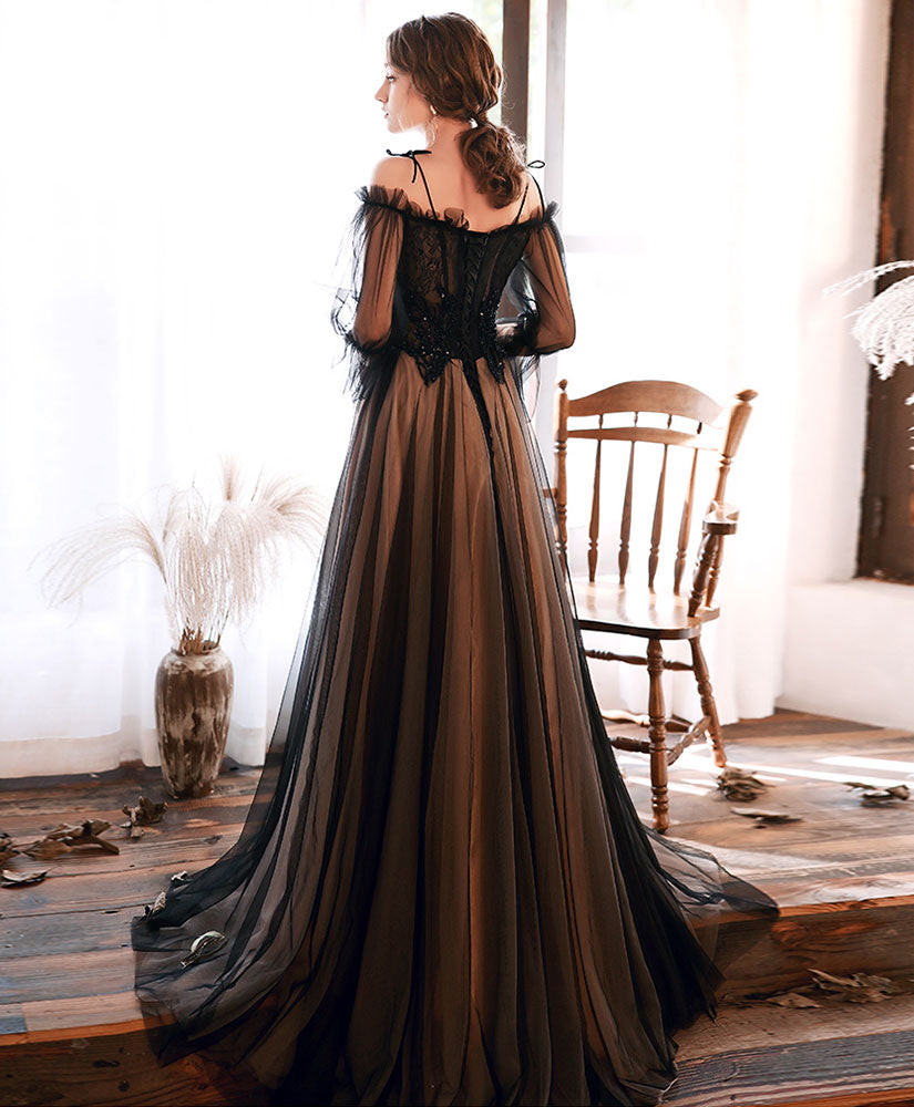 Elegant Black Tulle Lace Long Prom Dress with Sheer Sleeves - Formal Evening Gown for Homecoming, Wedding, and Special Occasions