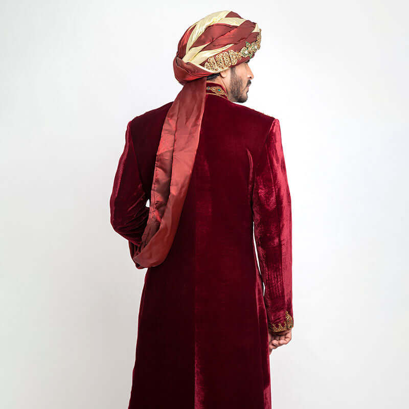 Elegant Burnt Red Velvet Sherwani for Men - Slim Fit Indian Wedding Suit | Perfect for Grooms, Festivals & Special Occasions