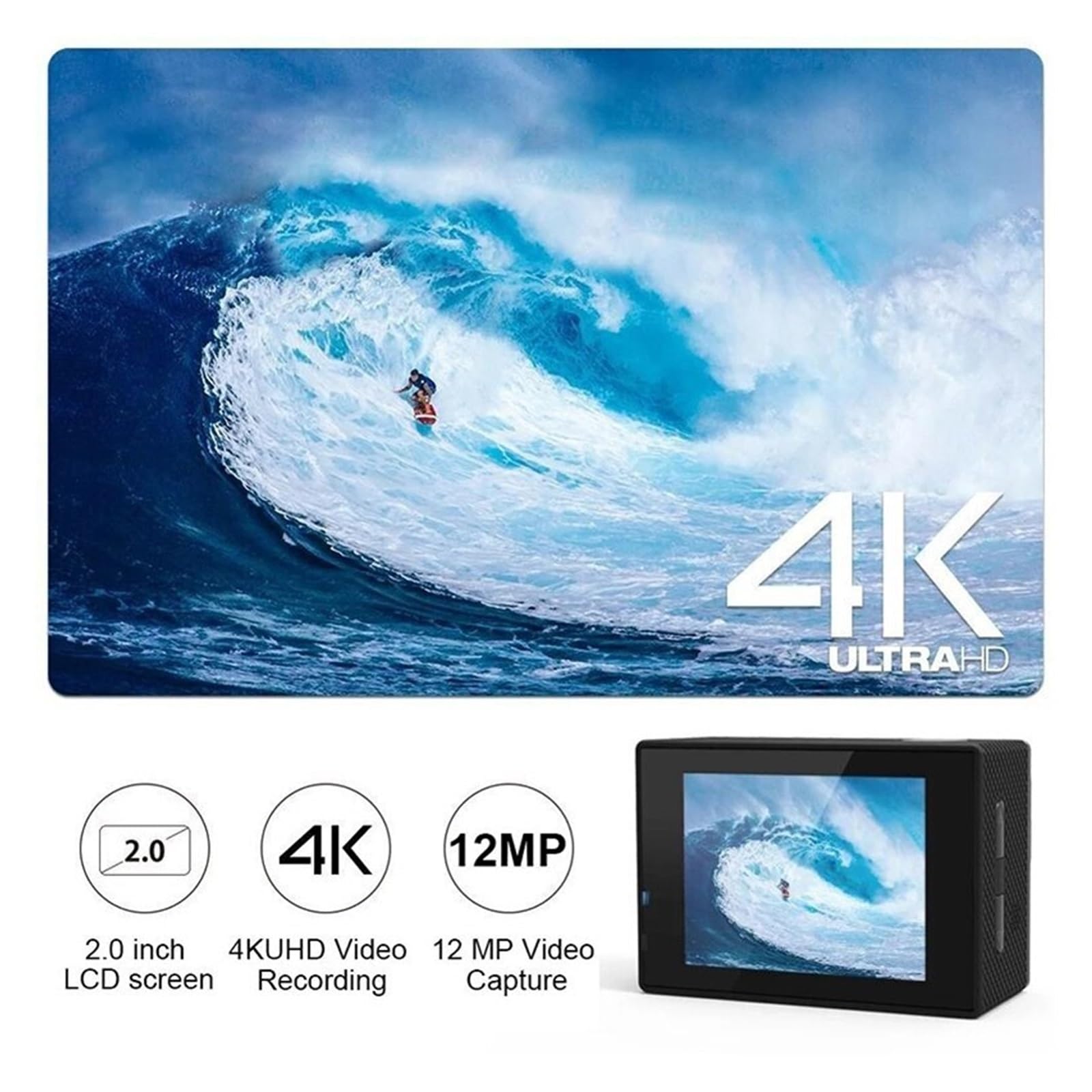 **MZZYG 4K Ultra HD Action Camera with WiFi - 30fps, 2 Inch Screen, 170° Wide Angle, Waterproof for Underwater & Outdoor Sports - Helmet Mountable for Adventure, Surfing, Skiing, Vlogging (Black)**
