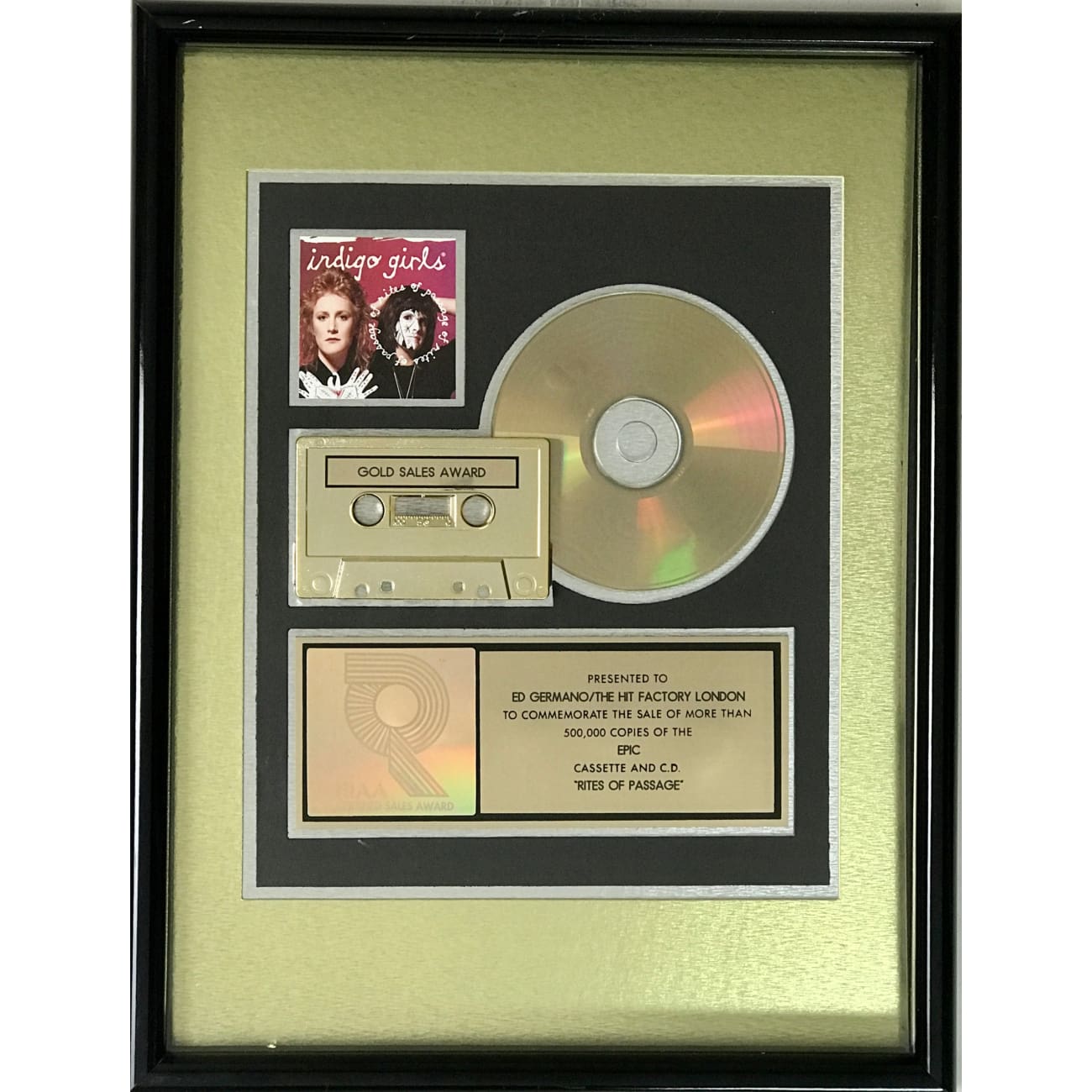 Indigo Girls Rites Of Passage RIAA Gold Album Award - Certified Gold Record for Music Collectors & Fans - Perfect for Home Display, Music Rooms & Collector Showcases