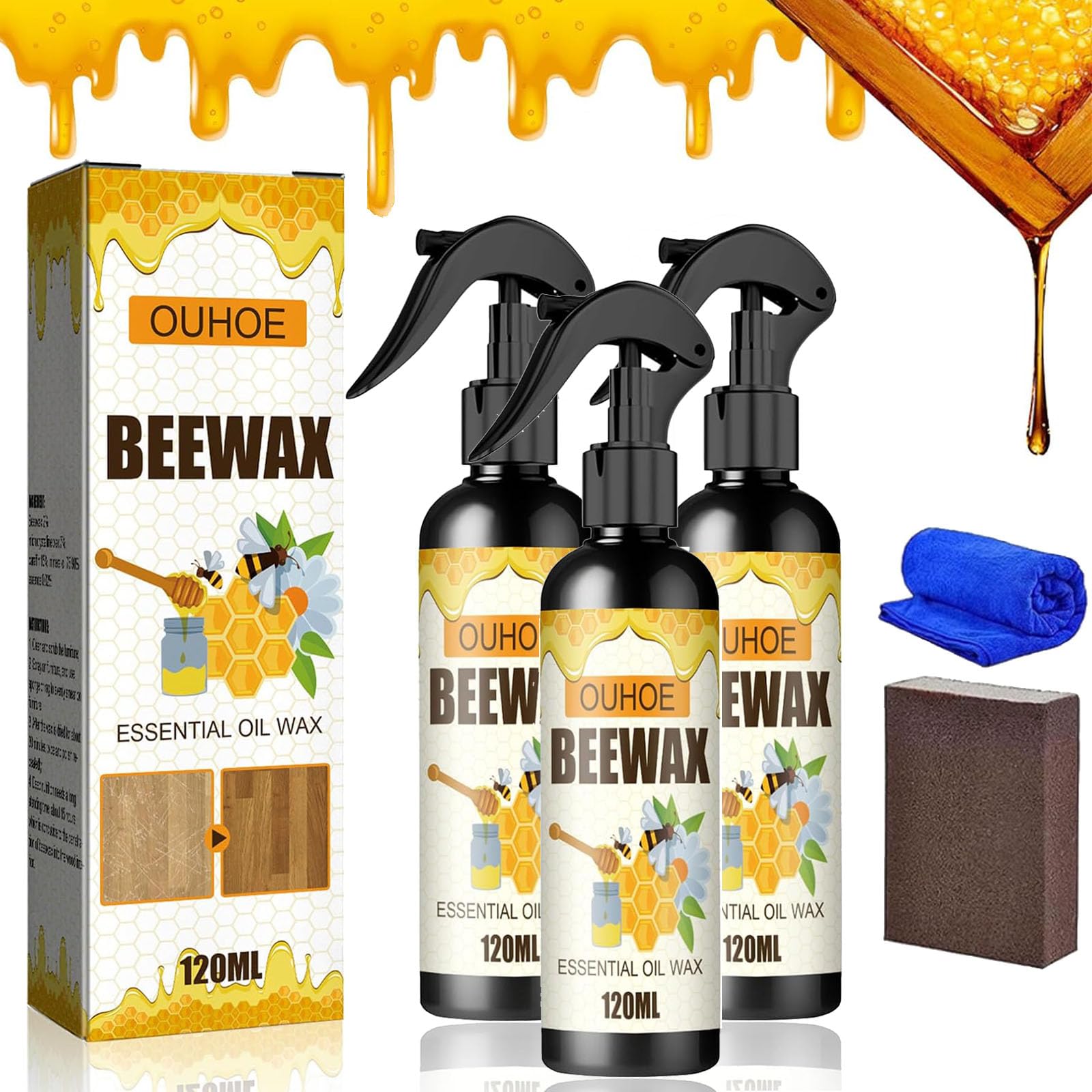 KCRPM 2024 Natural Micro-Molecular Beeswax Spray - Wood Polish & Furniture Care (3 Pack) for Tables, Chairs, Cabinets & Antique Restoration