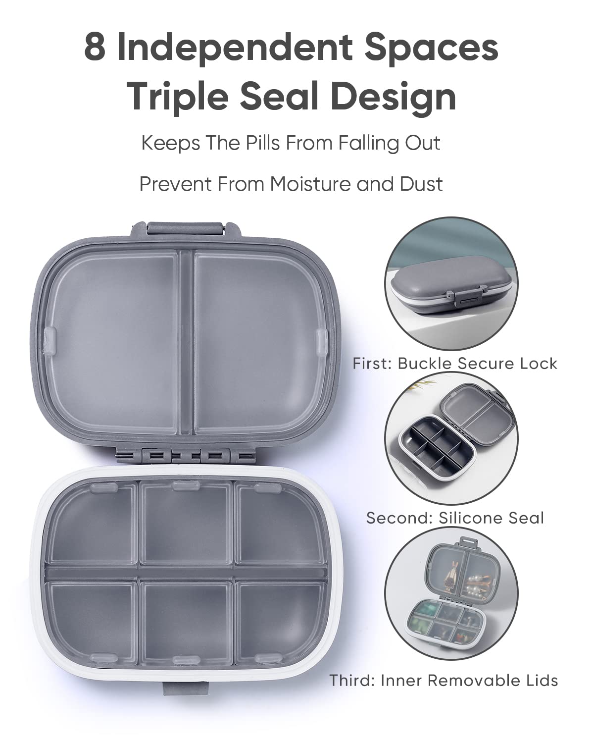 Holii 8-Compartment Travel Pill Organizer - Portable Daily Pill Case for Vitamins & Medication - Compact Medicine Container for Purse, Pocket & On-The-Go Use (Gray) | Perfect for Travel, Work & Daily Health Routine