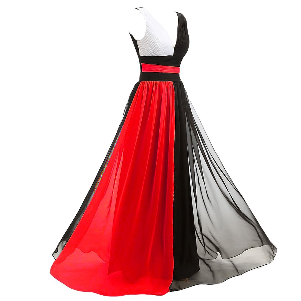 Elegant V-Neck Long Black & White Chiffon Pleated Evening Dress for Prom, Party & Formal Occasions | Flowy Women's Gown for Special Events