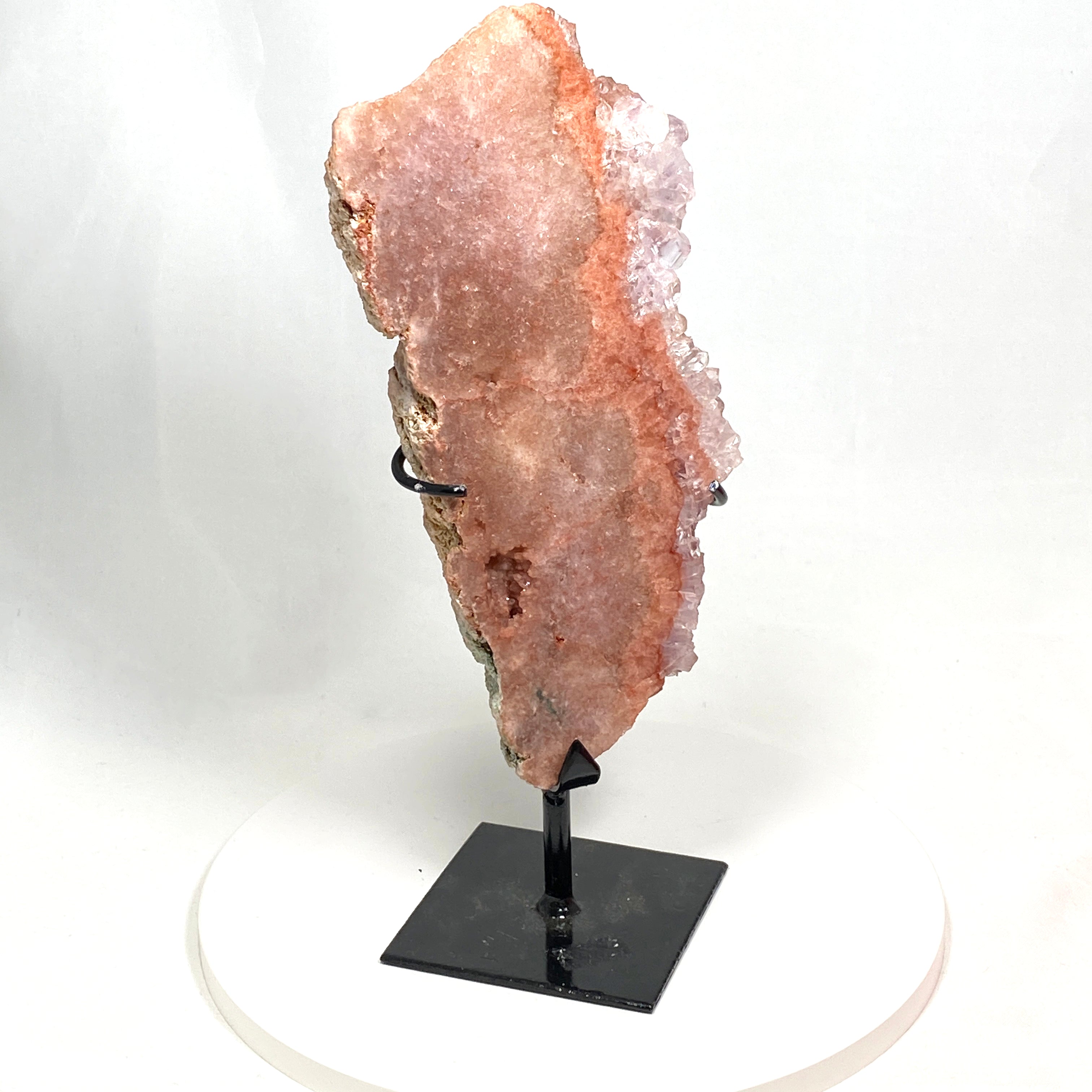 Natural Pink Amethyst & Quartz Crystal Slice on Wooden Stand - Healing Stone Decor for Home, Office & Meditation Space - PASL01