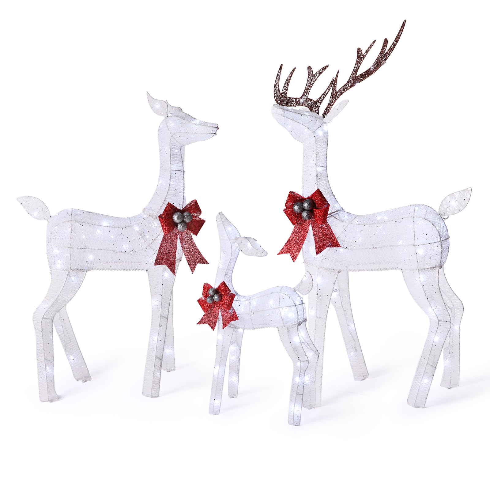 FUNNGO 3-Piece LED Flashing Christmas Deer Family Set with Bell Bow - 200 White Flickering Lights (10:1 Ratio) for Outdoor Yard Decorations | Perfect for Holiday Lawn Displays, Xmas Party Decor & Winter Festival Lighting