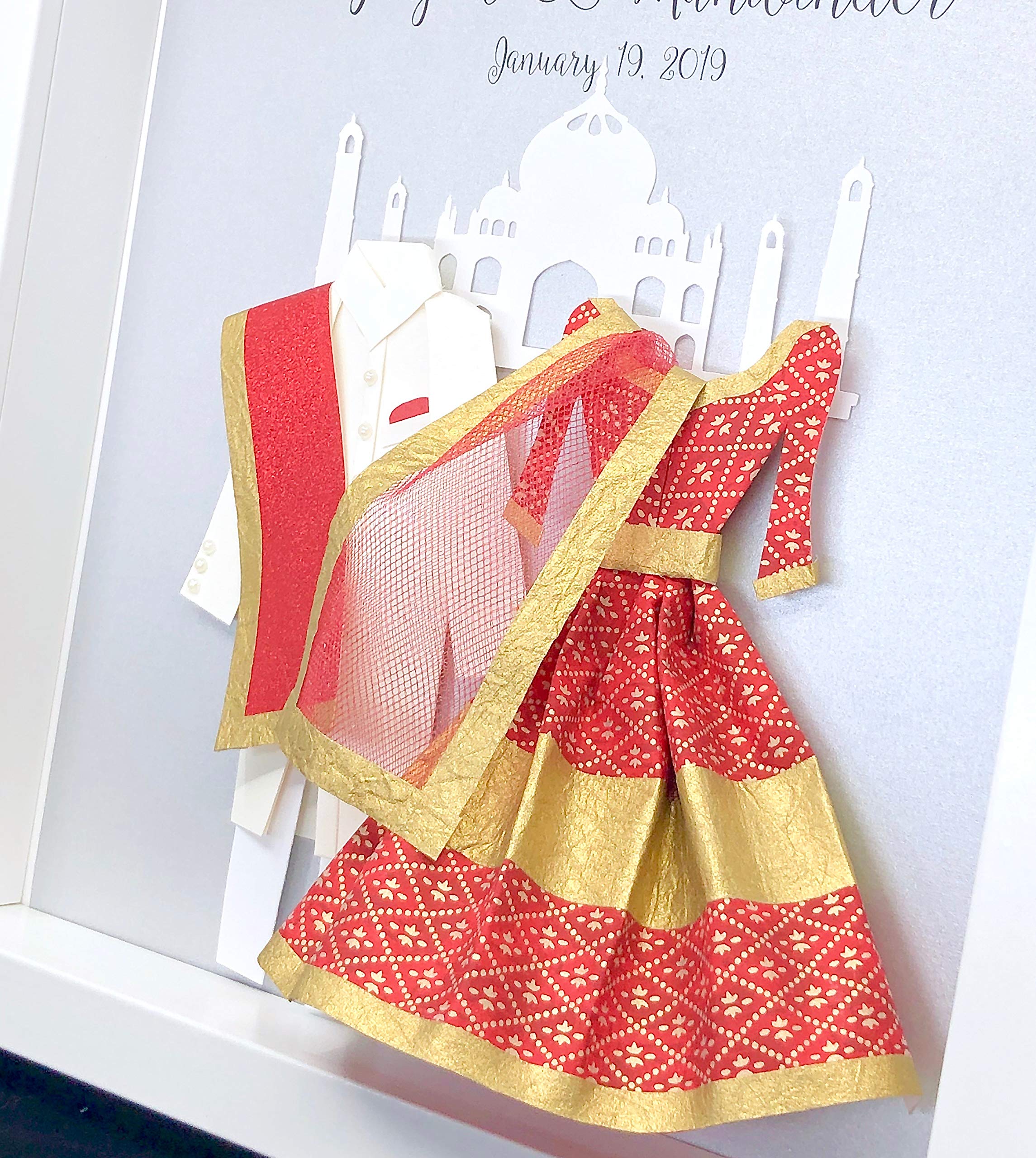 Personalized Indian Wedding Art - Custom Bride & Groom with Taj Mahal Design | First Anniversary Paper Gift | Traditional Saree & Sherwani Couple Portrait | Perfect for Wedding Decor, Anniversary Gifts & Home Décor