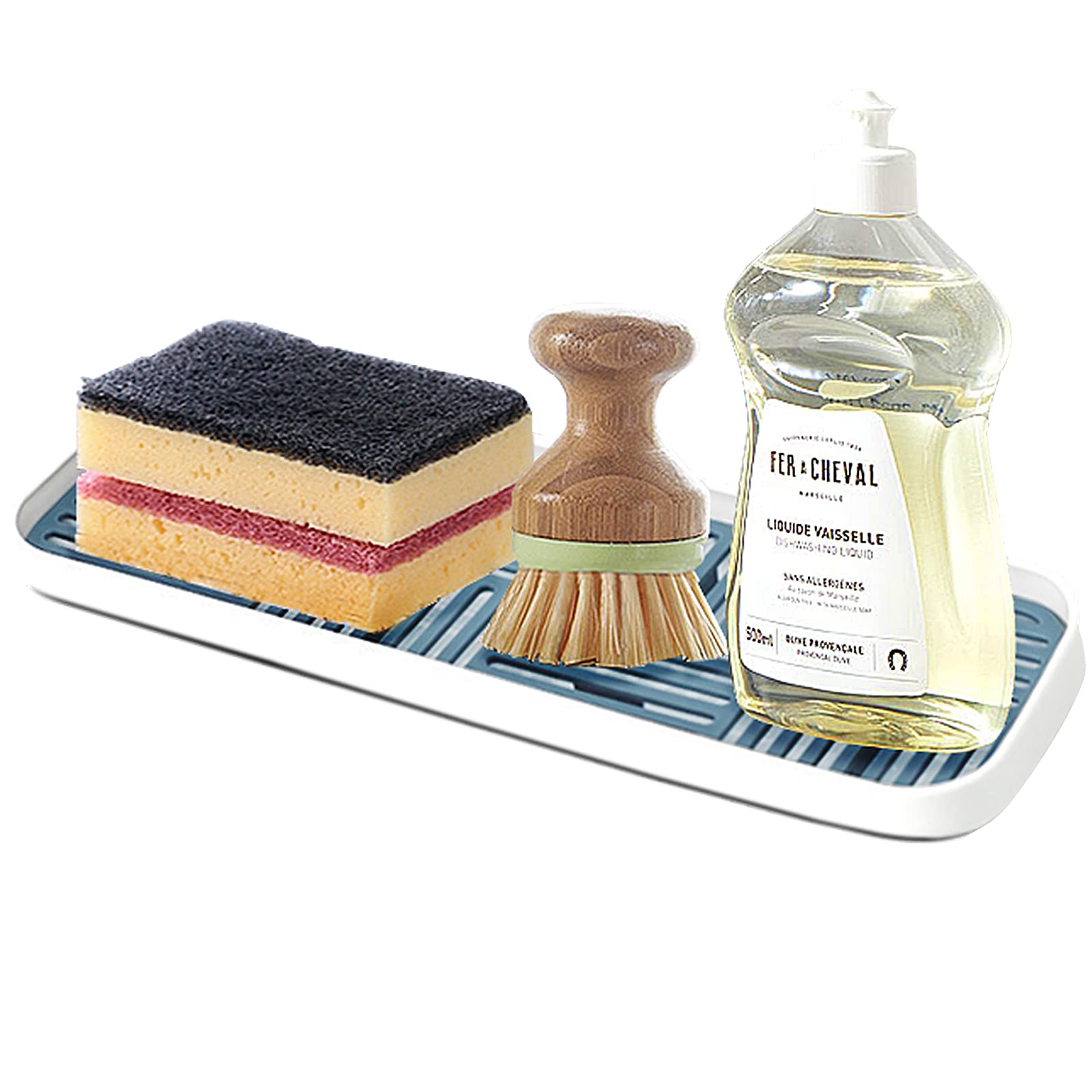 **Blue & White Kitchen Sink Organizer Tray with Detachable Drain Tray – Holds Sponge, Soap Dispenser, Scrubber & Dishwashing Accessories – Perfect for Countertop Organization & Small Kitchen Spaces**