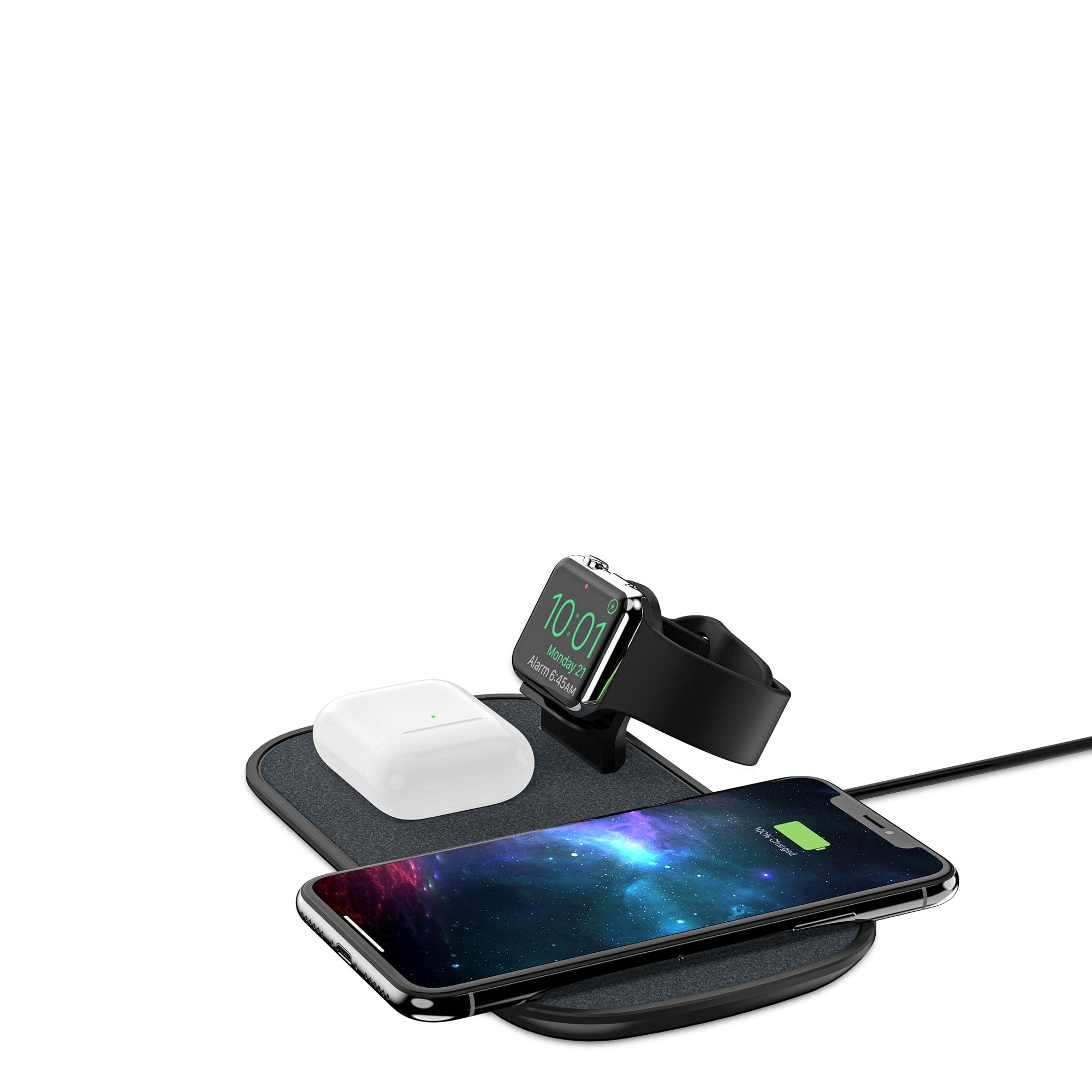 mophie 3-in-1 Wireless Charging Pad - 7.5W Qi-Certified Fast Charger for iPhone 11/12/13 Series, XS Max/XS/XR/X, 8/8 Plus, AirPods & Apple Watch (Black) | Perfect for Bedside, Office & Travel Charging