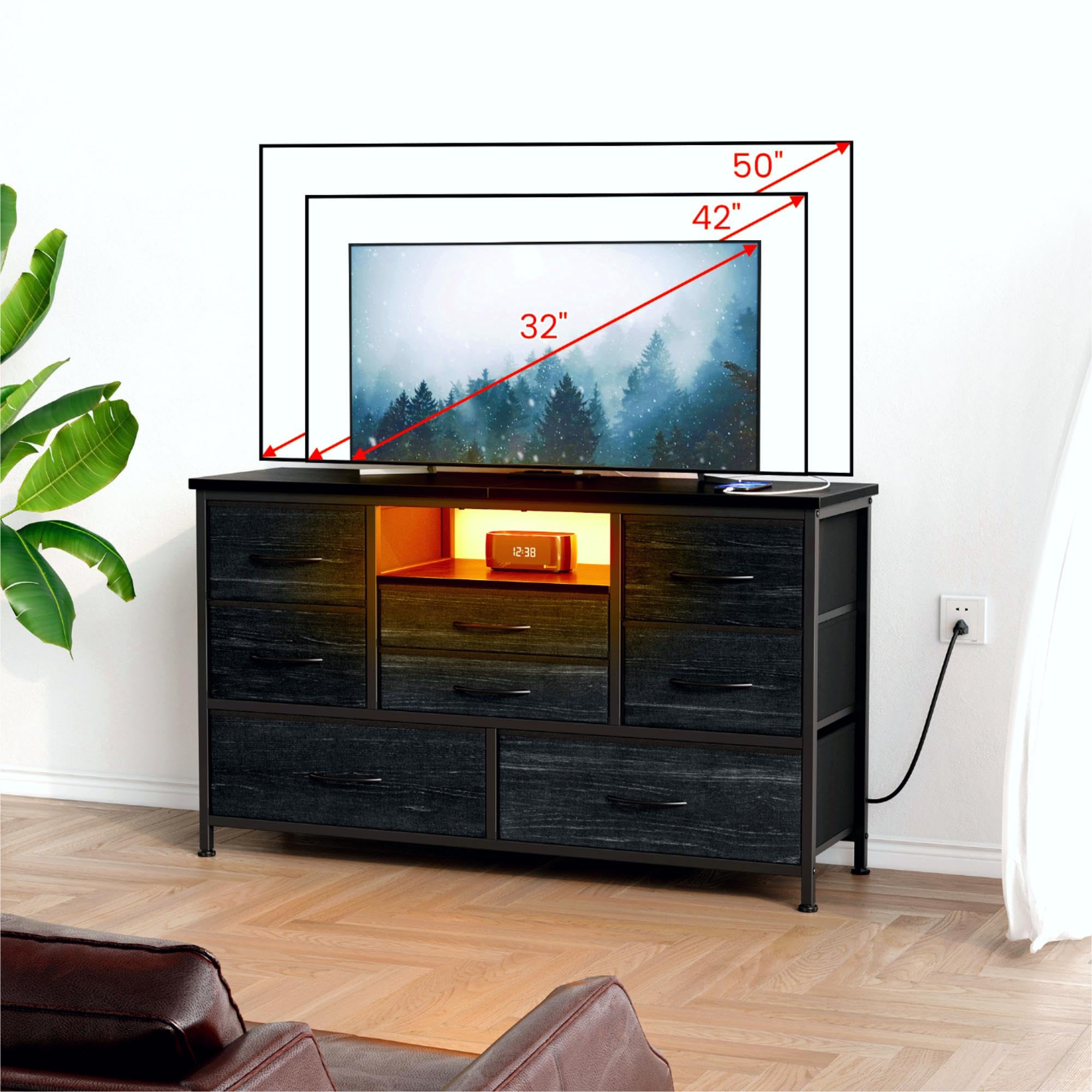 Jojoka 8-Drawer TV Stand with Power Outlet & LED Lights for 55 Inch TVs - Long Wooden Dresser for Bedroom Storage - Wide Console Table with 8 Deep Drawers for Living Room, Entryway, Closet Organization & Home Decor
