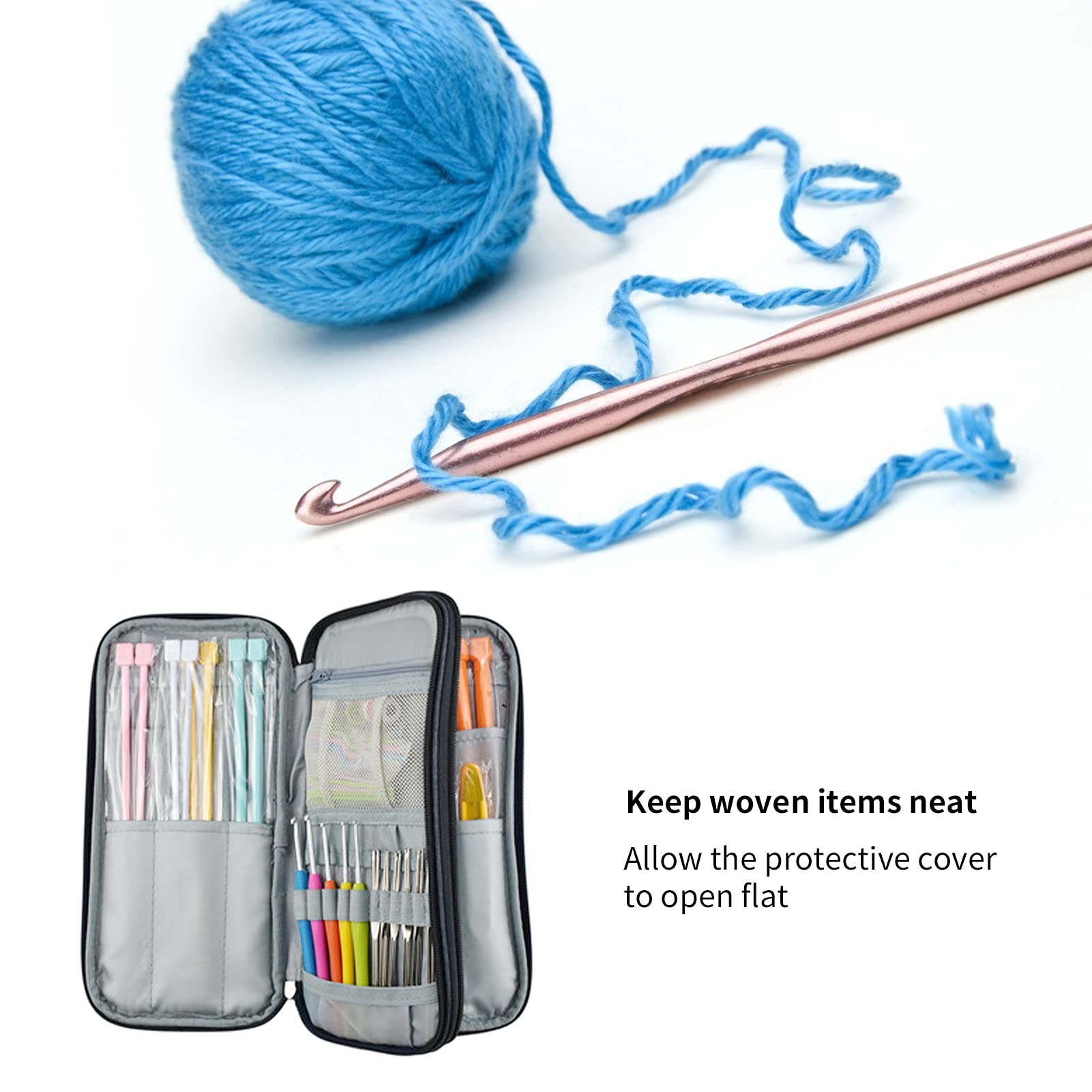 Crochet Hook Case - Portable Travel Storage Bag with Zipper & Web Pocket for Knitting Needles & Accessories | Organize Yarn Tools for Home, Travel & Craft Projects