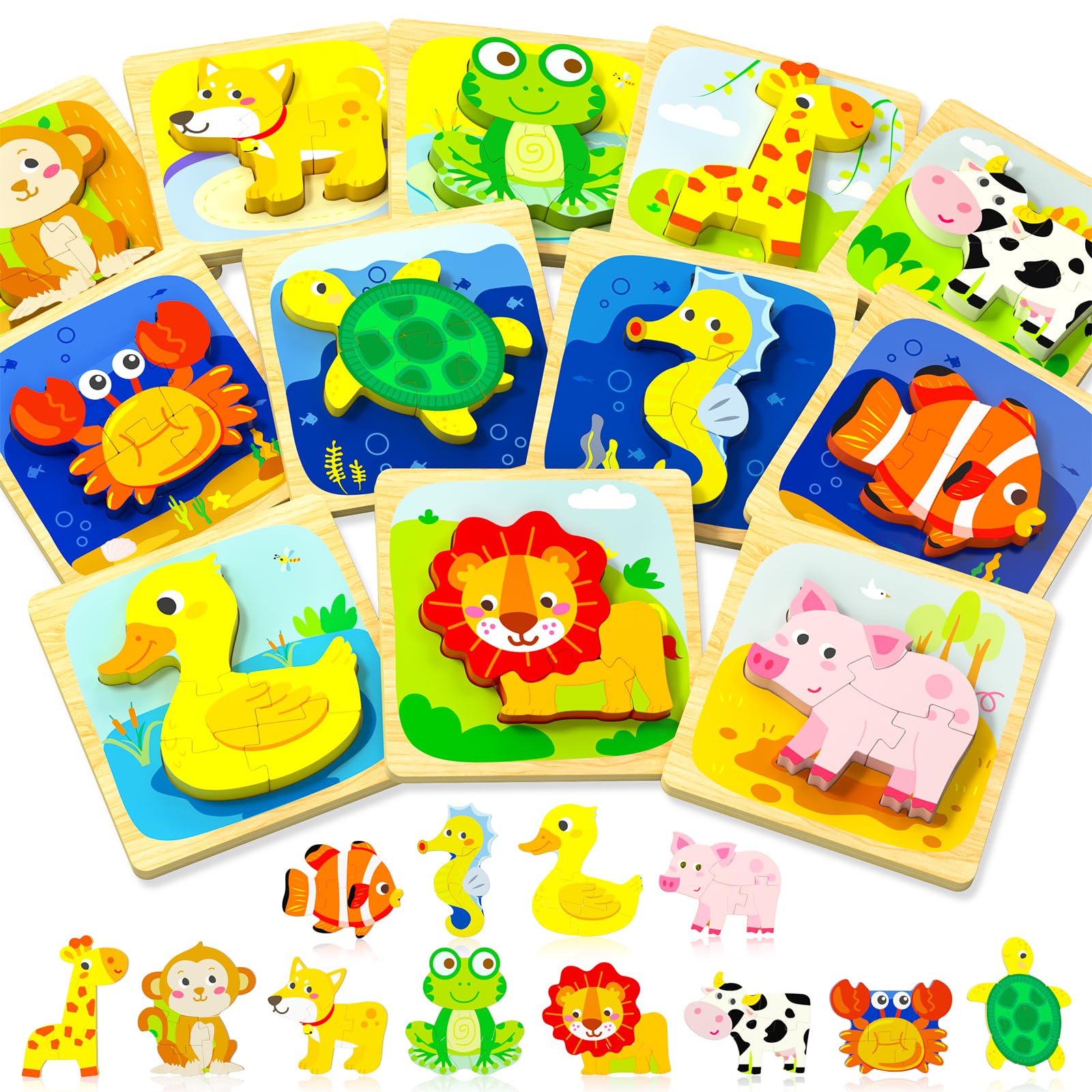 Benresive Wooden Toddler Puzzles for Ages 1-3 | Montessori Educational Toys for 1 2 3 Year Old Boys & Girls | 12-Pack Animal Learning Toys | Perfect Gift for Preschoolers | Great for Early Childhood Development & Montessori Classroom Activities