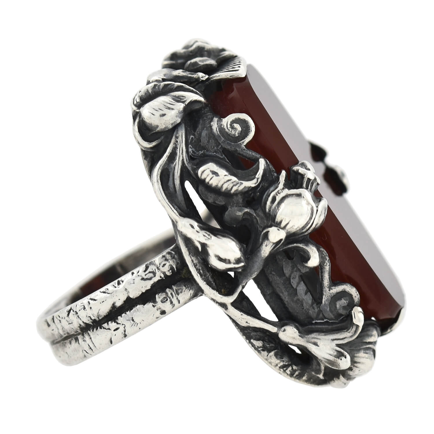 Vintage Art Nouveau Sterling Silver Large Carnelian Plaque Floral Motif Ring – Perfect for Bohemian Fashion, Wedding Jewelry & Gift Giving
