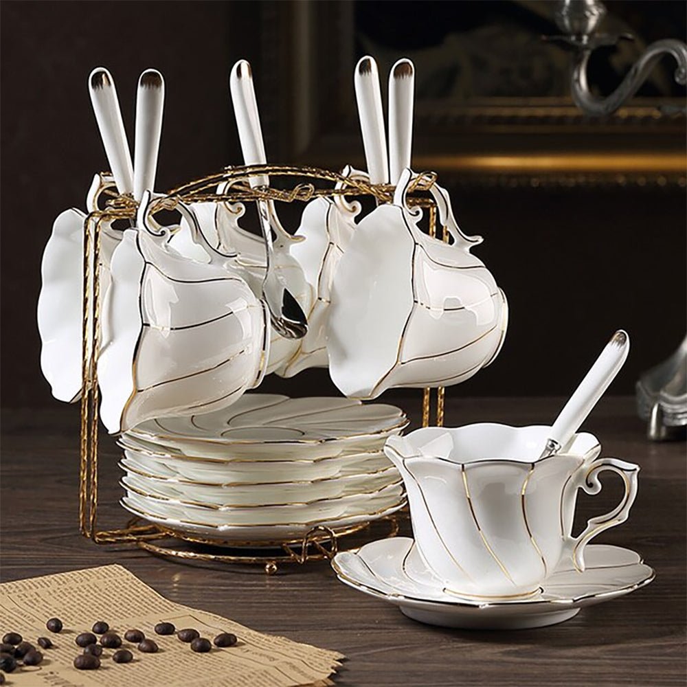 Premium Freesia Tea Cups and Saucers Set - Elegant Porcelain Tea Set for Afternoon Tea, Bridal Shower, and Home Decor - 6-Piece Floral Tea Cup Set with Saucers