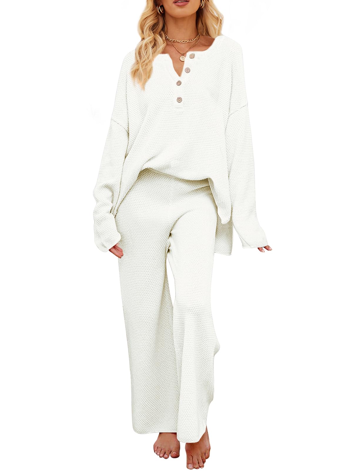MEROKEETY Women's 2-Piece Outfit Set - Long Sleeve Button Front Knit Sweater & Lounge Pants Comfy Loungewear Set | Perfect for Home Relaxation, Casual Outings & Cozy Winter Wear