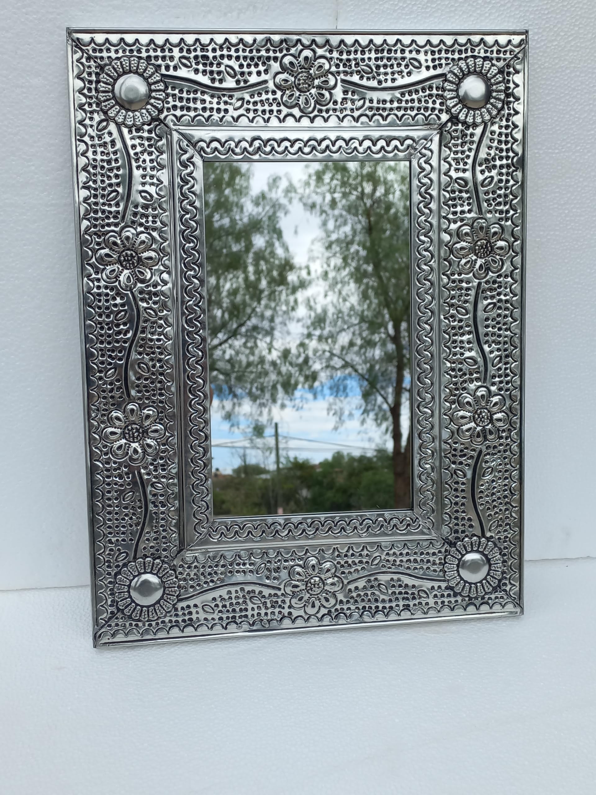 Handmade Mexican Punched Tin Mirror - Vintage Hacienda Style Folk Art Wall Decor for Living Room, Bedroom & Entryway
