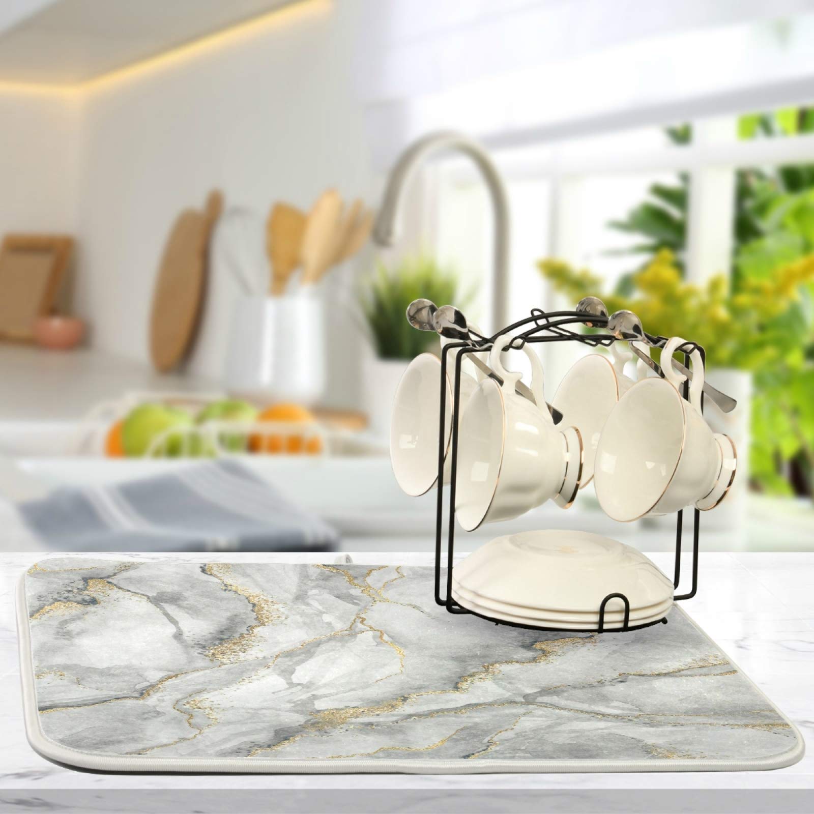 White Marble Dish Drying Mat 16x18 Inch - Absorbent Microfiber for Kitchen Countertops | Perfect for Drying Dishes & Decor