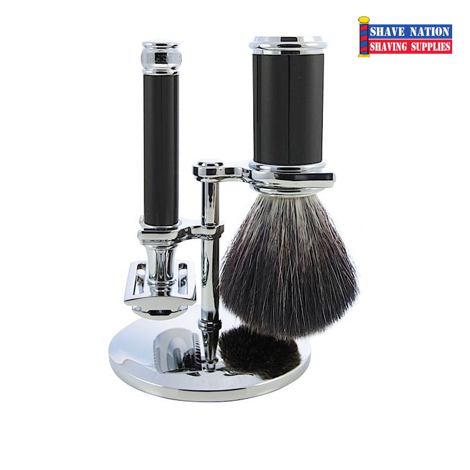 Edwin Jagger DE86 Black & Chrome 3-Piece Safety Razor Set with Synthetic Shaving Brush - Perfect for Wet Shaving & Grooming Gifts for Men
