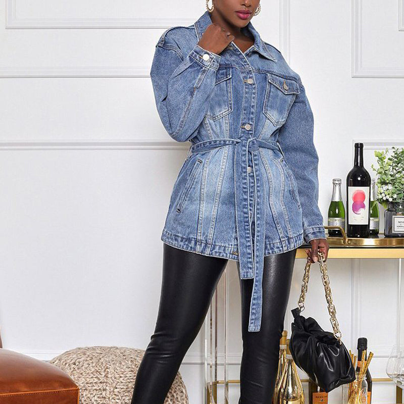 Stylish Mid-Length Denim Jacket with Adjustable Belt - Perfect for Casual Outfits & Layering in Fall/Spring